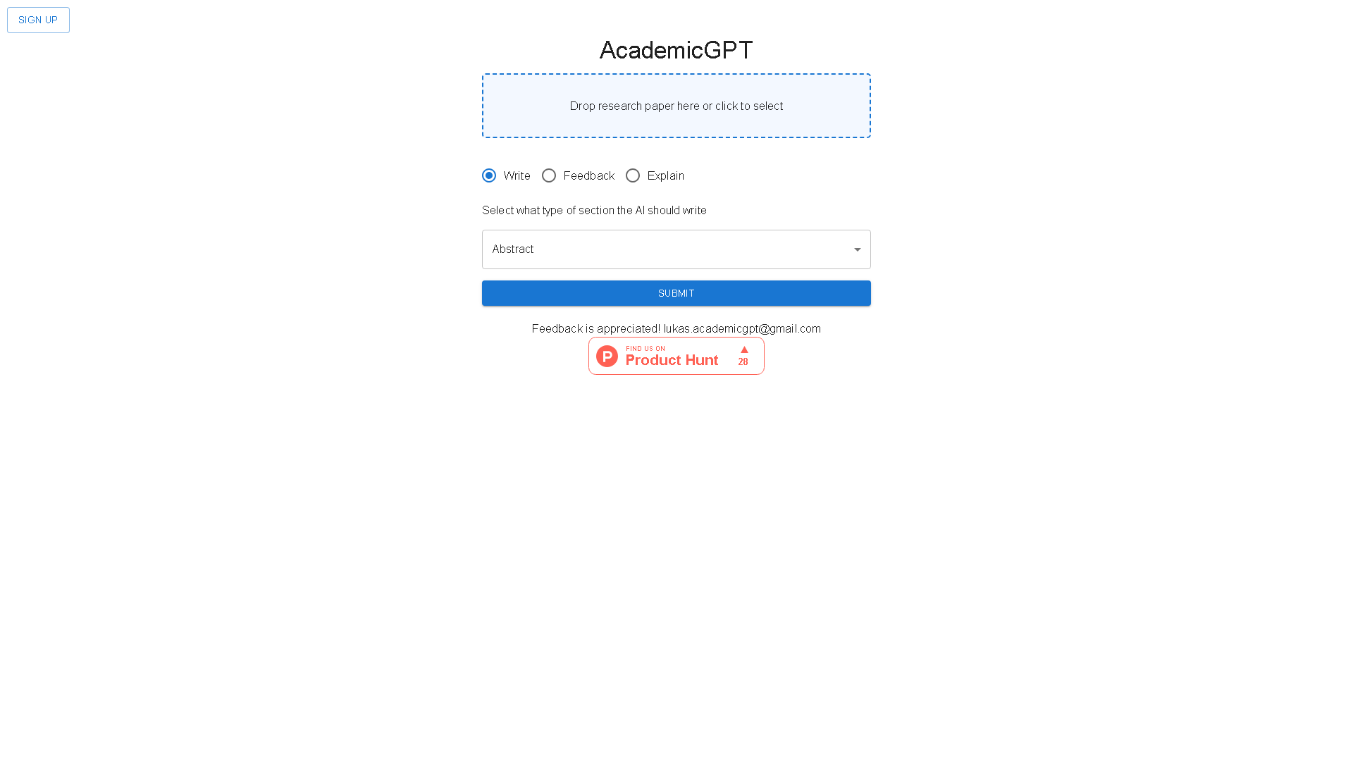 AcademicGPT Interface Screenshot - Writing & Editing Tool
