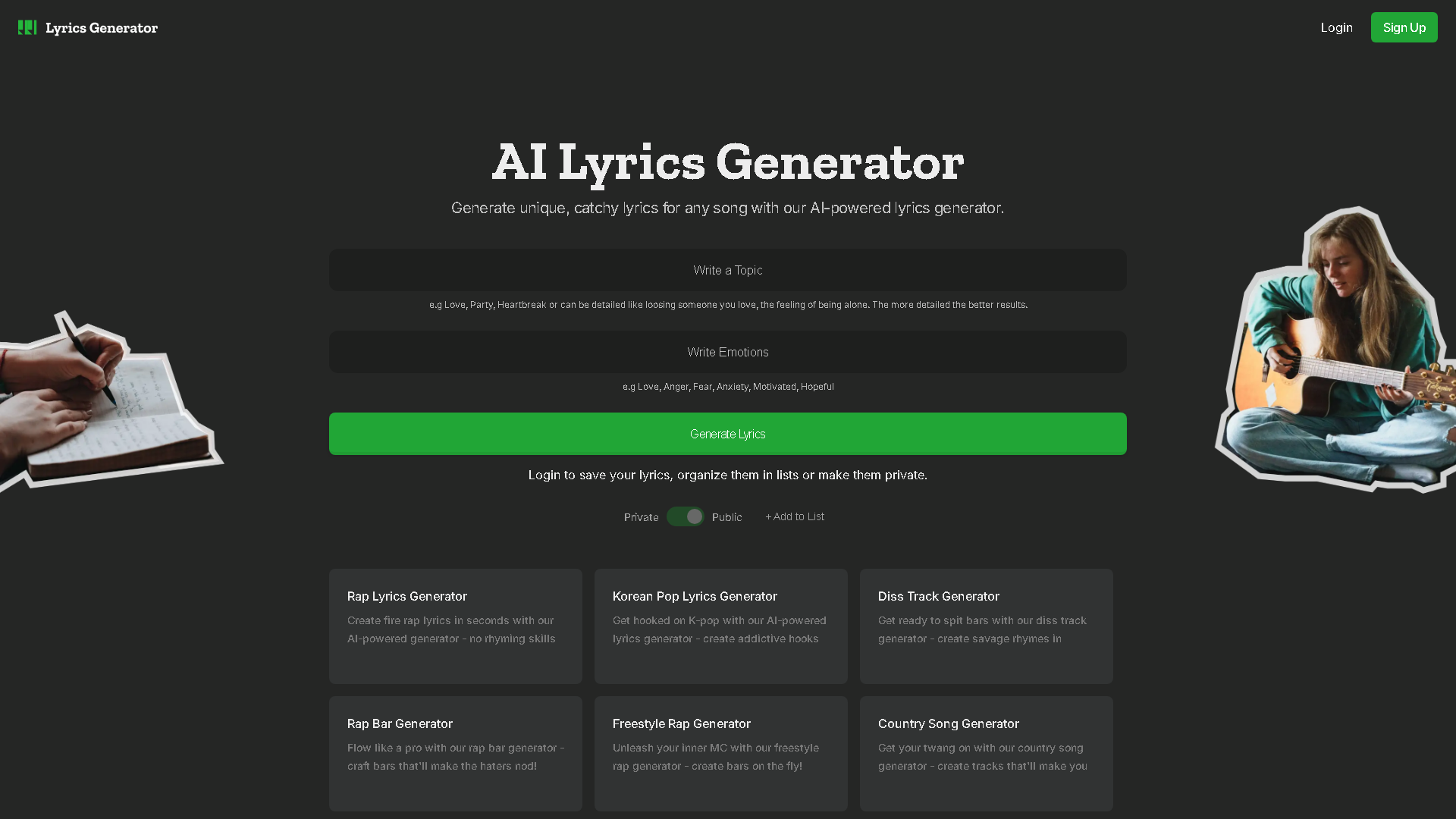 LyricsGenerator.com Interface Screenshot - Writing & Editing Tool