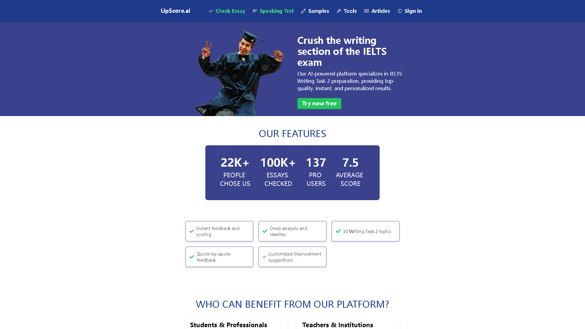 UpScore.ai Interface Screenshot - Writing & Editing Tool