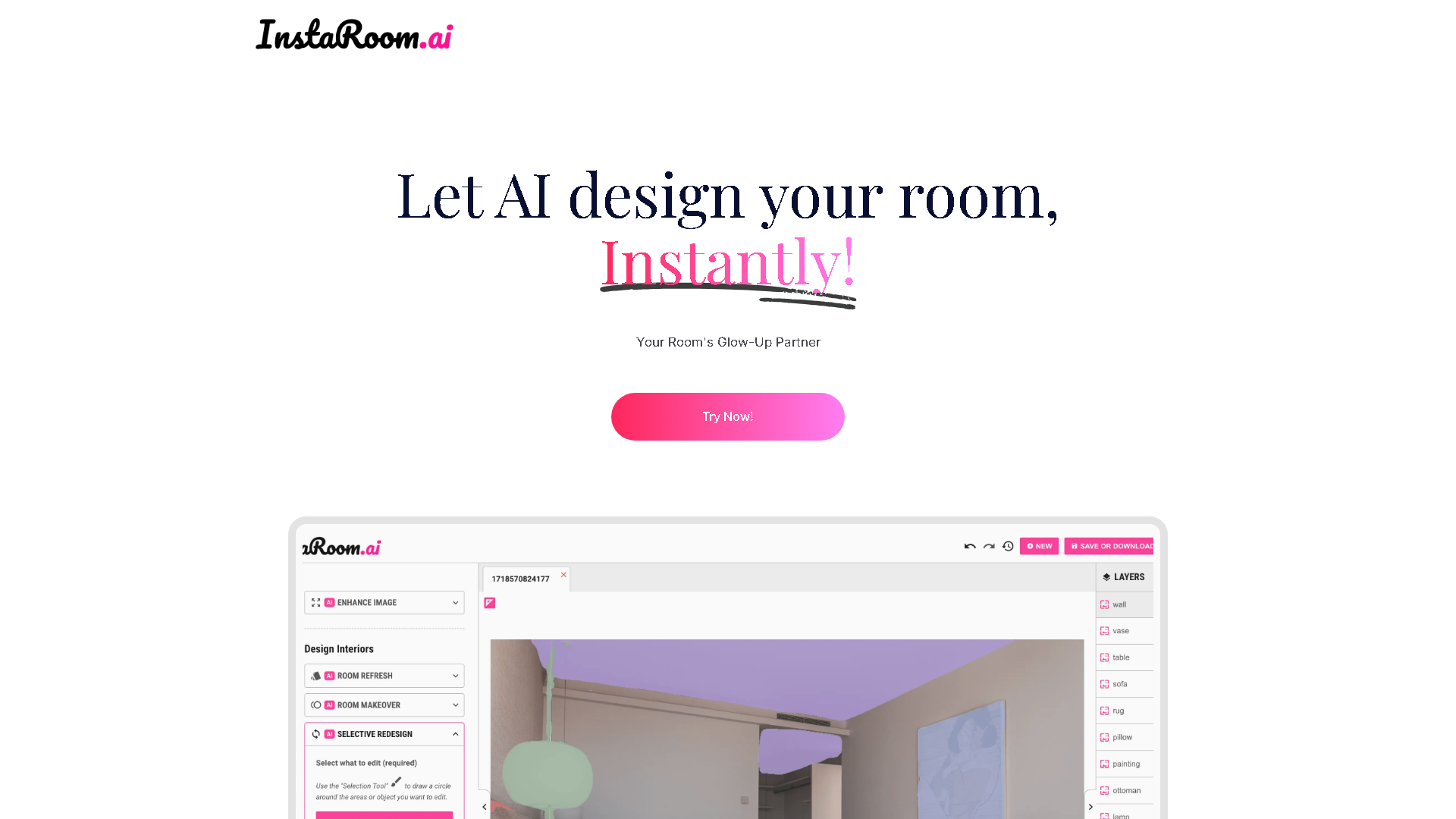 InstaRoom.ai Interface Screenshot - Art & Creative Design Tool