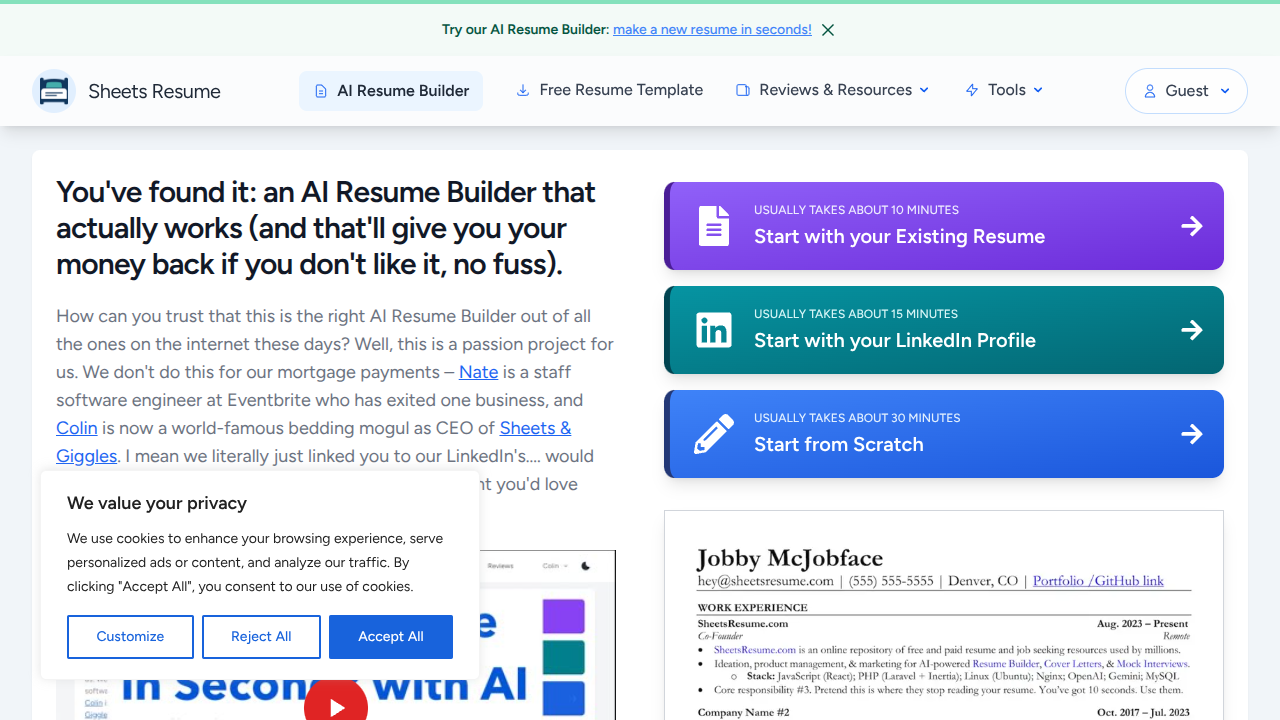 sheetsresume.com Interface Screenshot - Writing & Editing Tool