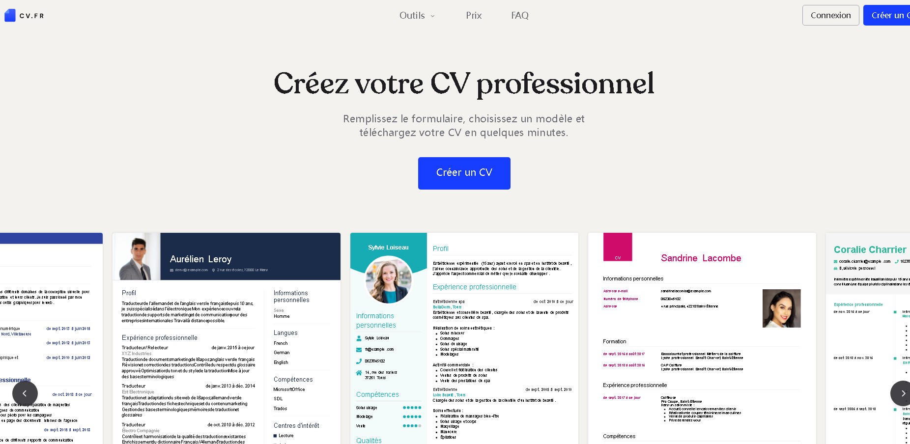 www.cv.fr Interface Screenshot - Writing & Editing Tool