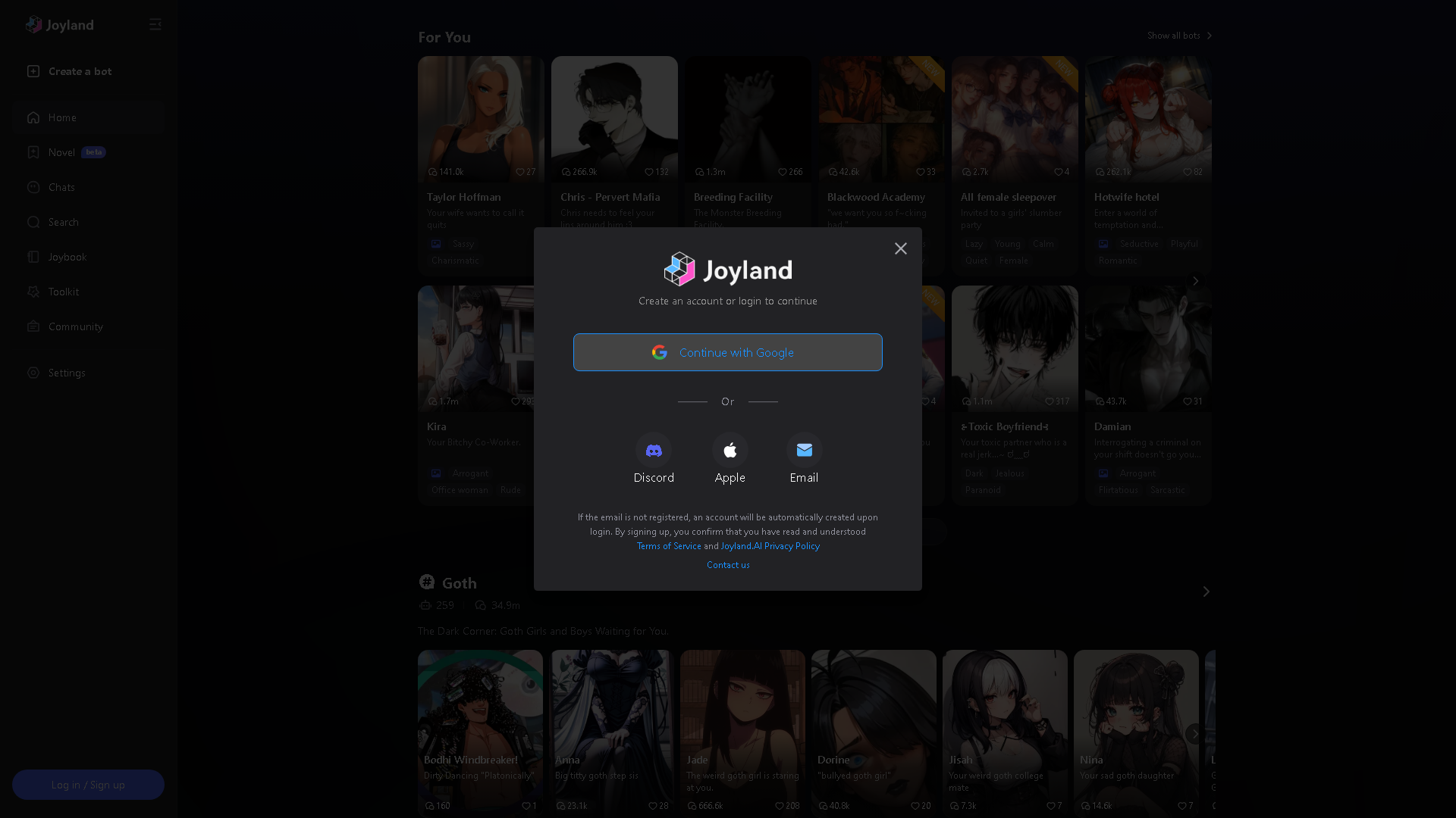 Joyland AI Interface Screenshot - Chatbots & Virtual Companions Tool