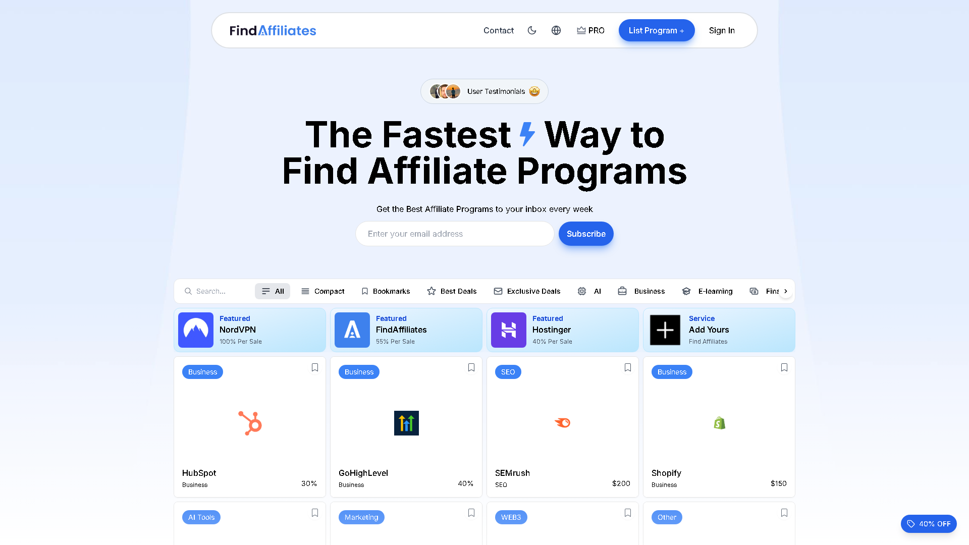 FindAffiliates Interface Screenshot - Marketing & Advertising Tool