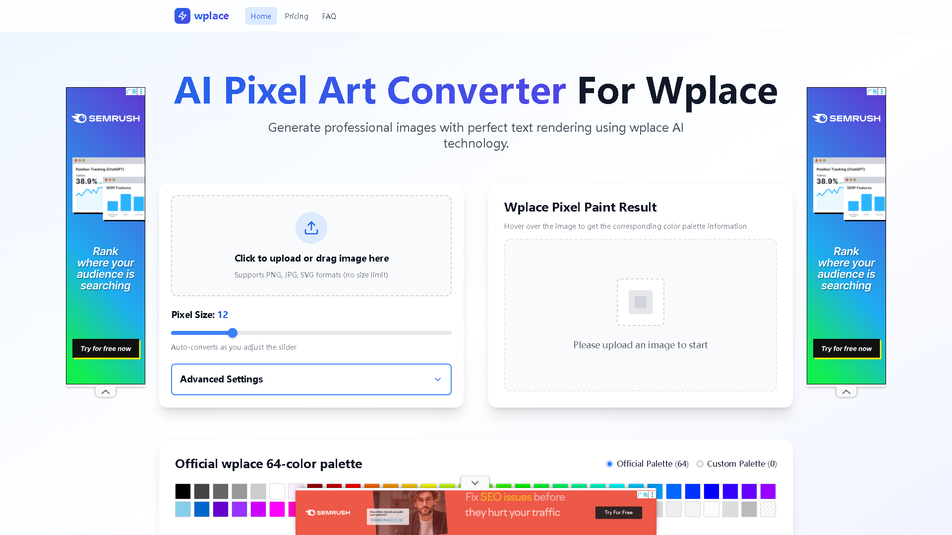 AI Pixel Art Converter For Wplace Interface Screenshot - Art & Creative Design Tool