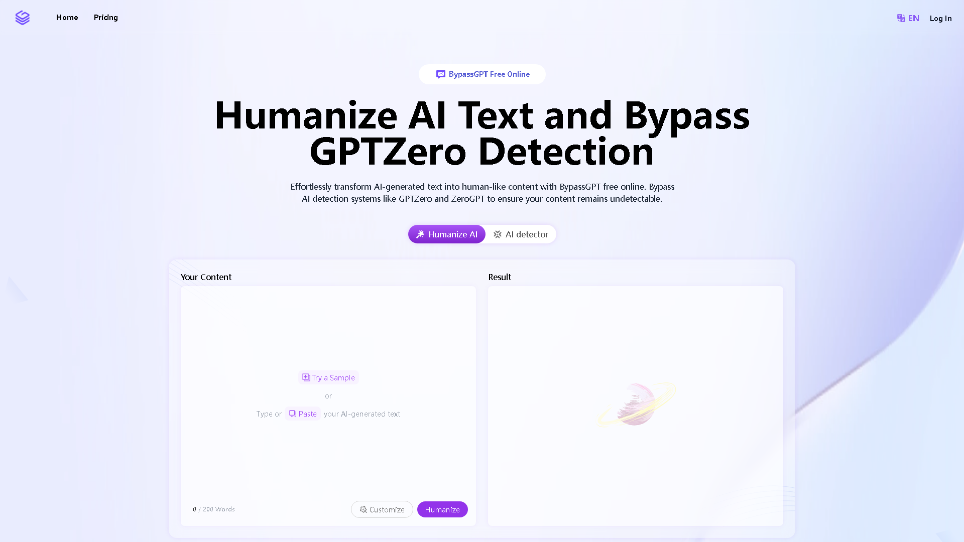 BypassGPT.co Interface Screenshot - AI Detection & Anti-Detection Tool