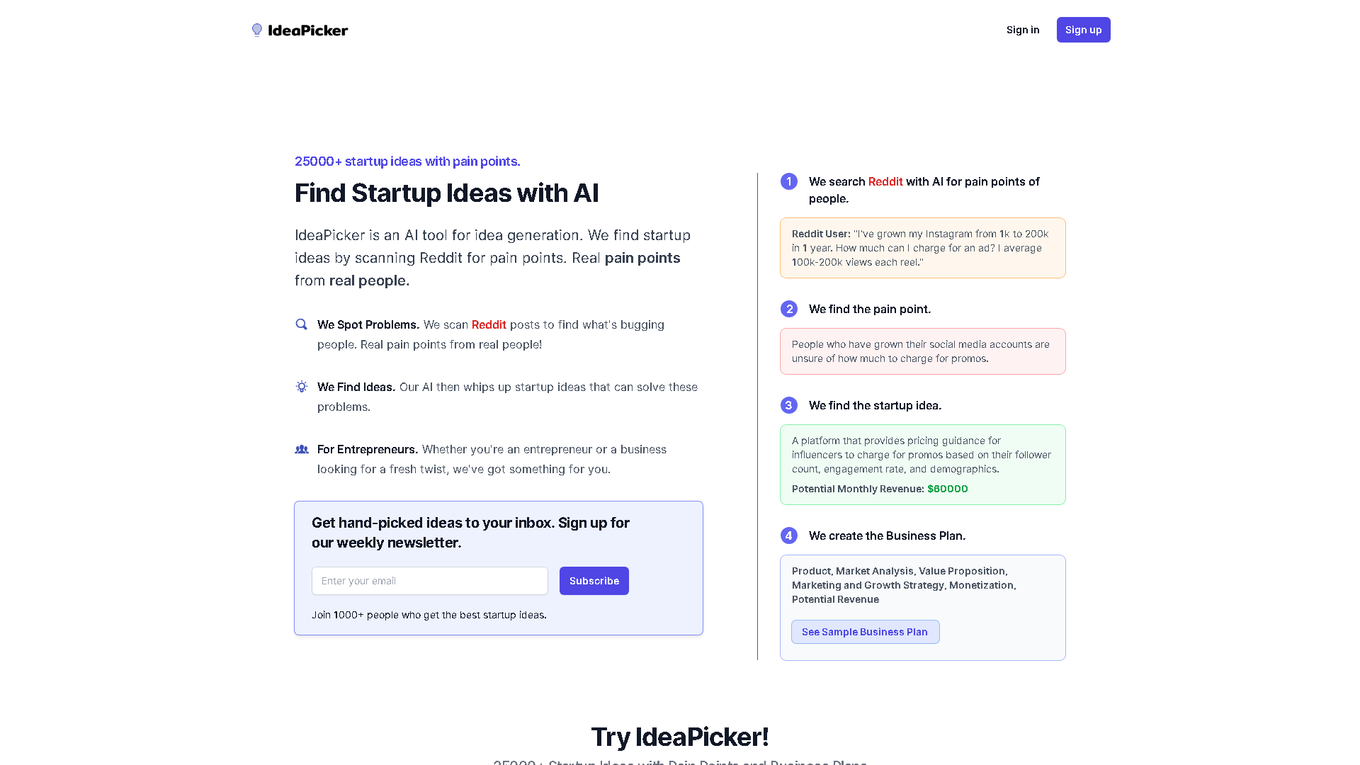 IdeaPicker Interface Screenshot - Business Research Tool