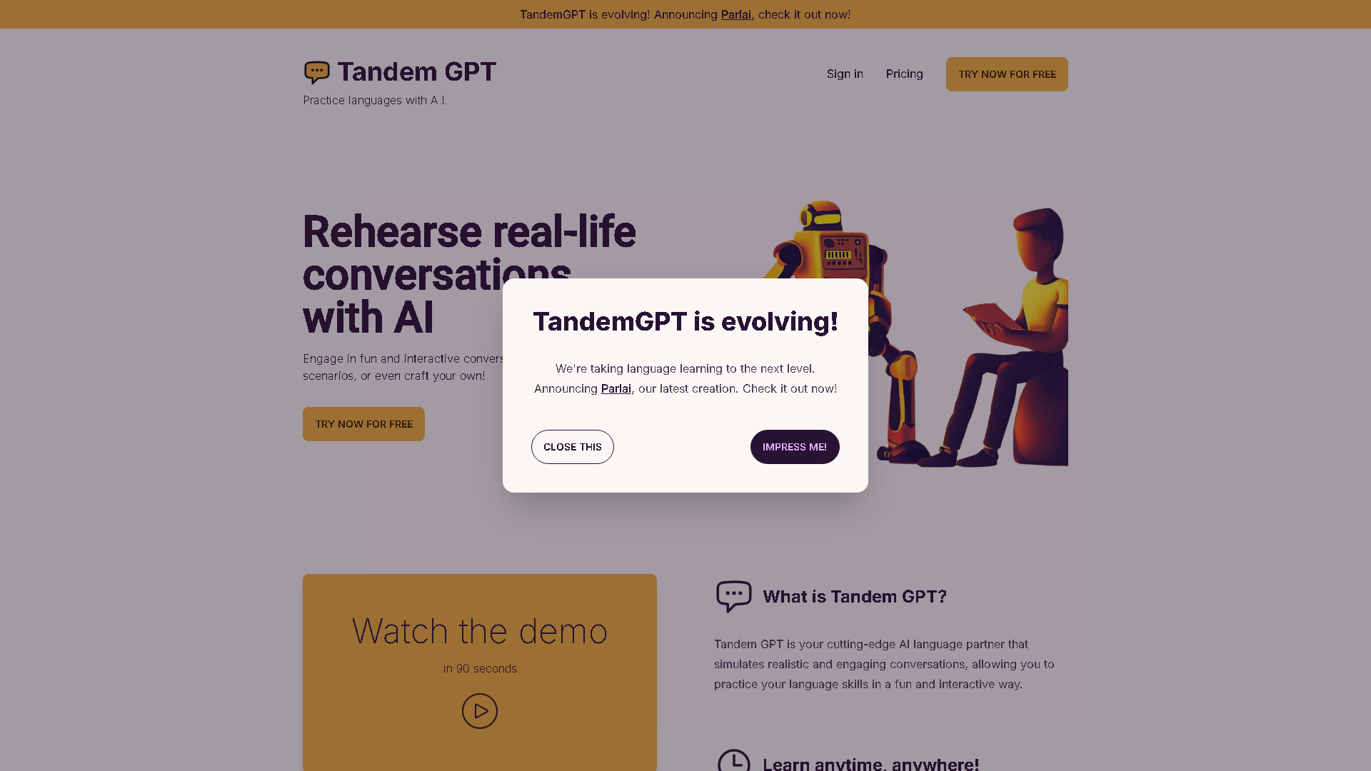 Tandem GPT Interface Screenshot - Education & Learning Tool