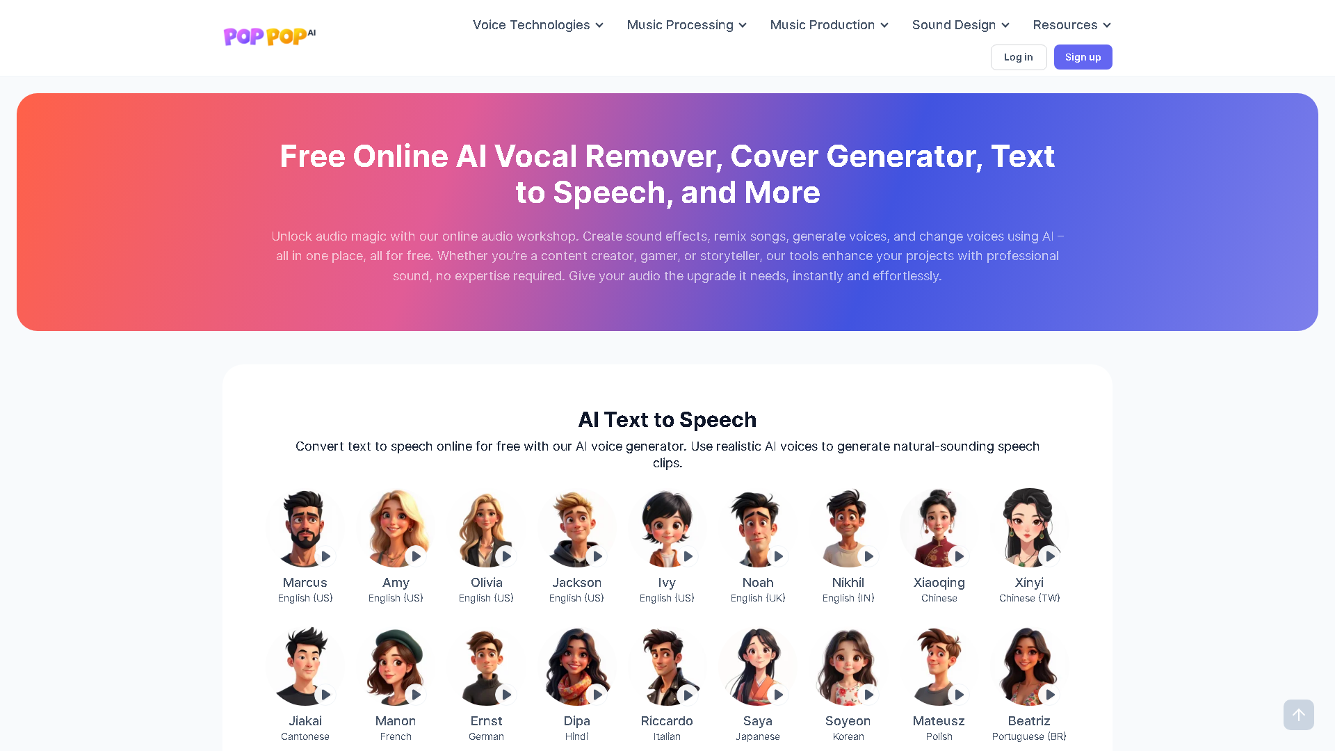PopPop AI Text to Speech Interface Screenshot - Voice Generation & Conversion Tool