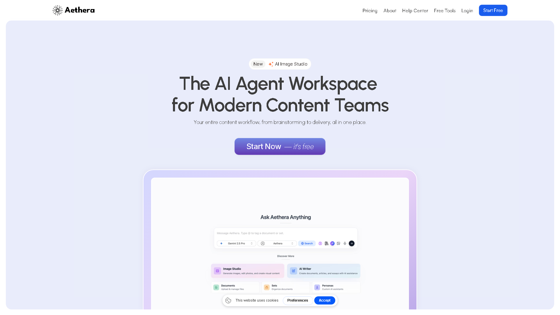 Aethera AI Interface Screenshot - Writing & Editing Tool
