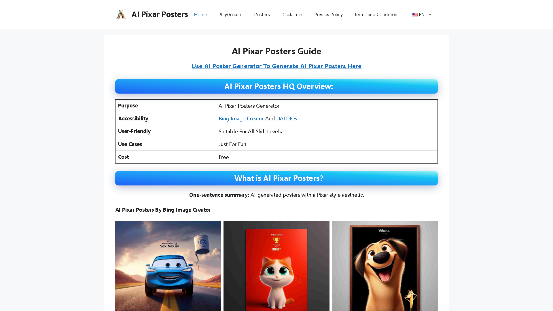AI Pixar Posters Interface Screenshot - Art & Creative Design Tool