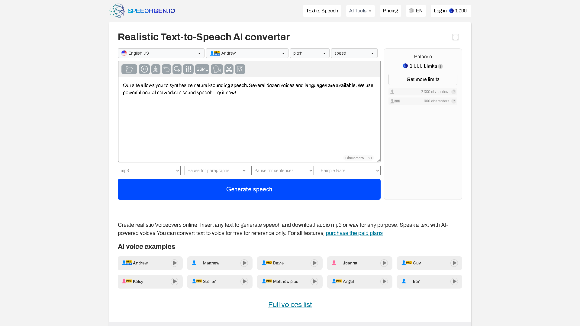SpeechGen.io Interface Screenshot - Voice Generation & Conversion Tool