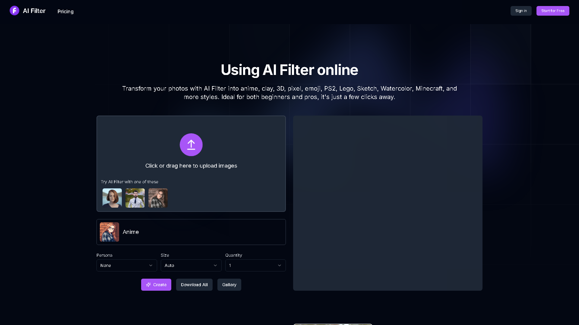 AI Filter Interface Screenshot - Image Generation & Editing Tool