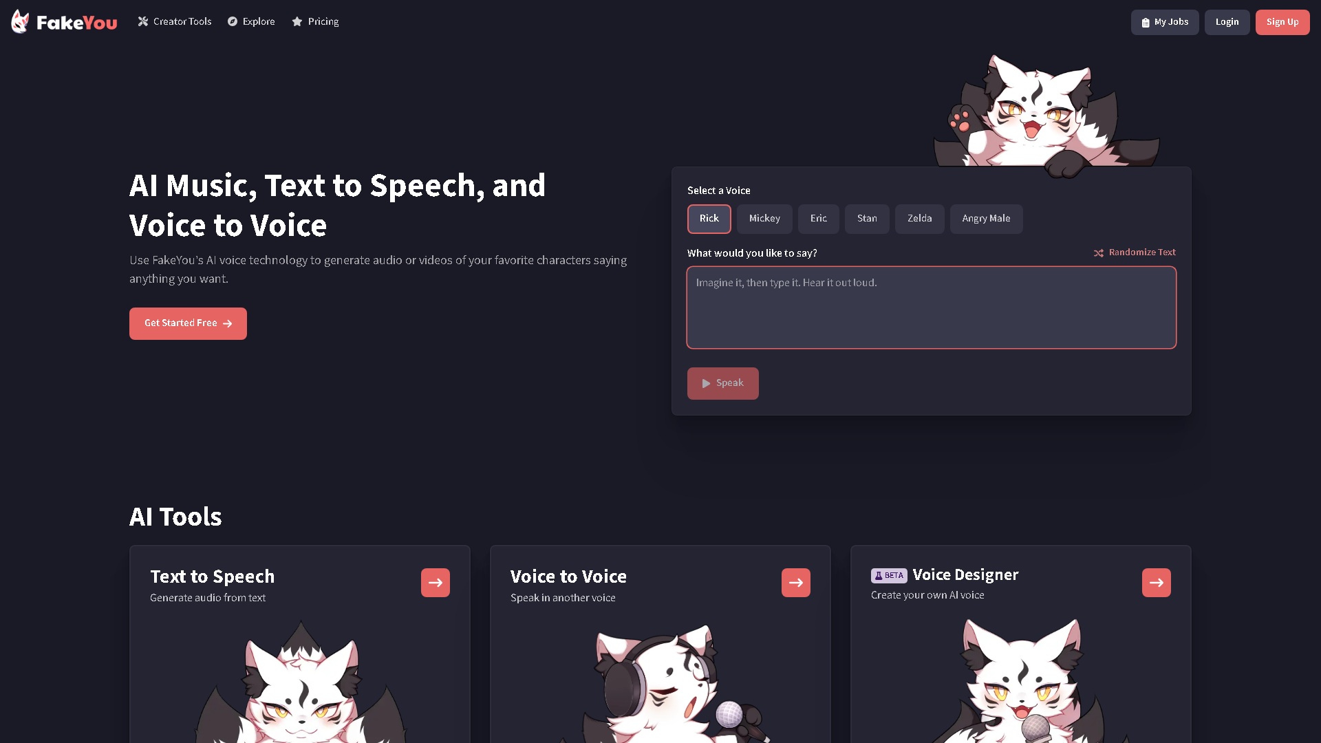 FakeYou Interface Screenshot - Voice Generation & Conversion Tool