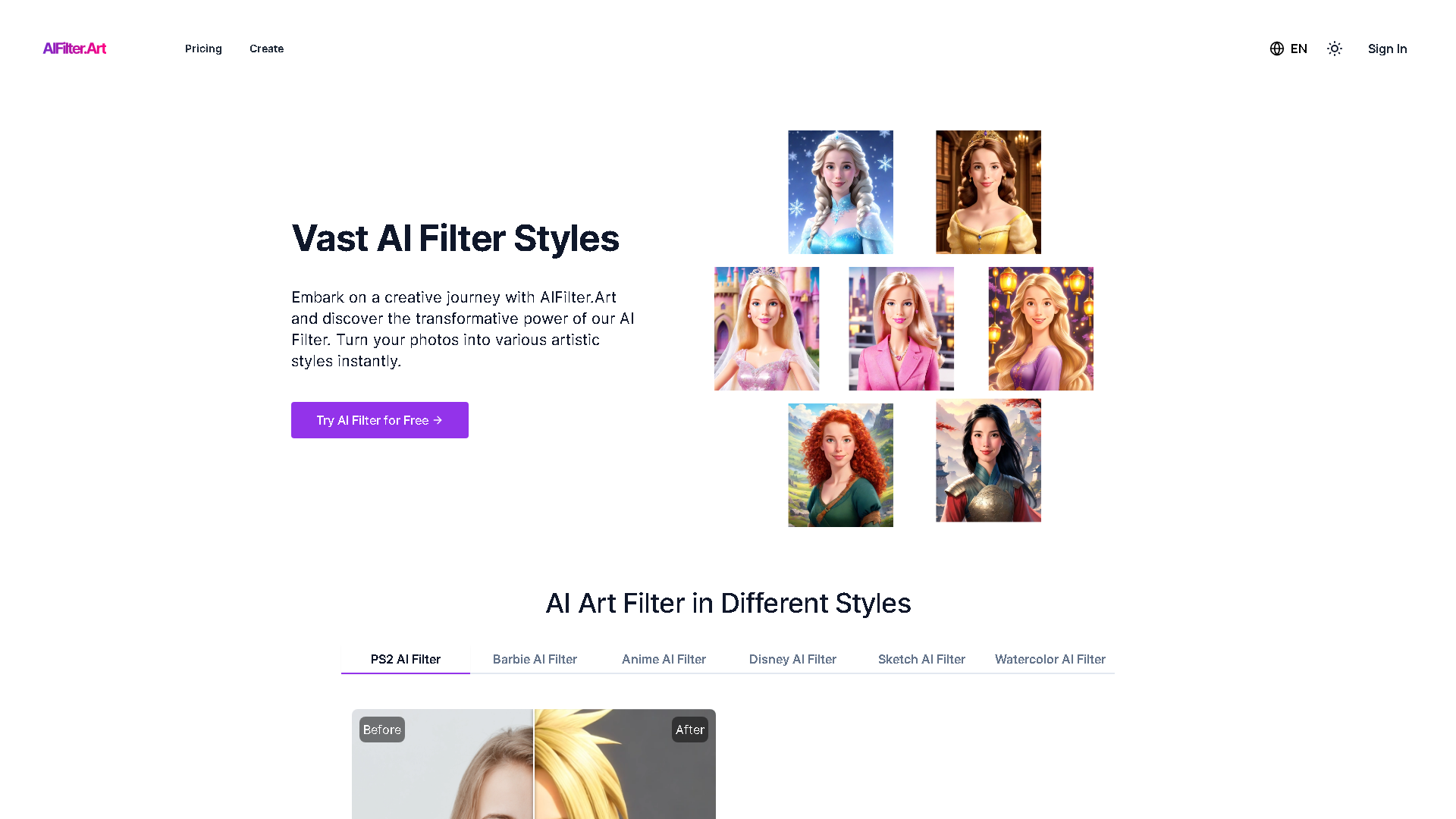 AIFilter.Art Interface Screenshot - Image Generation & Editing Tool