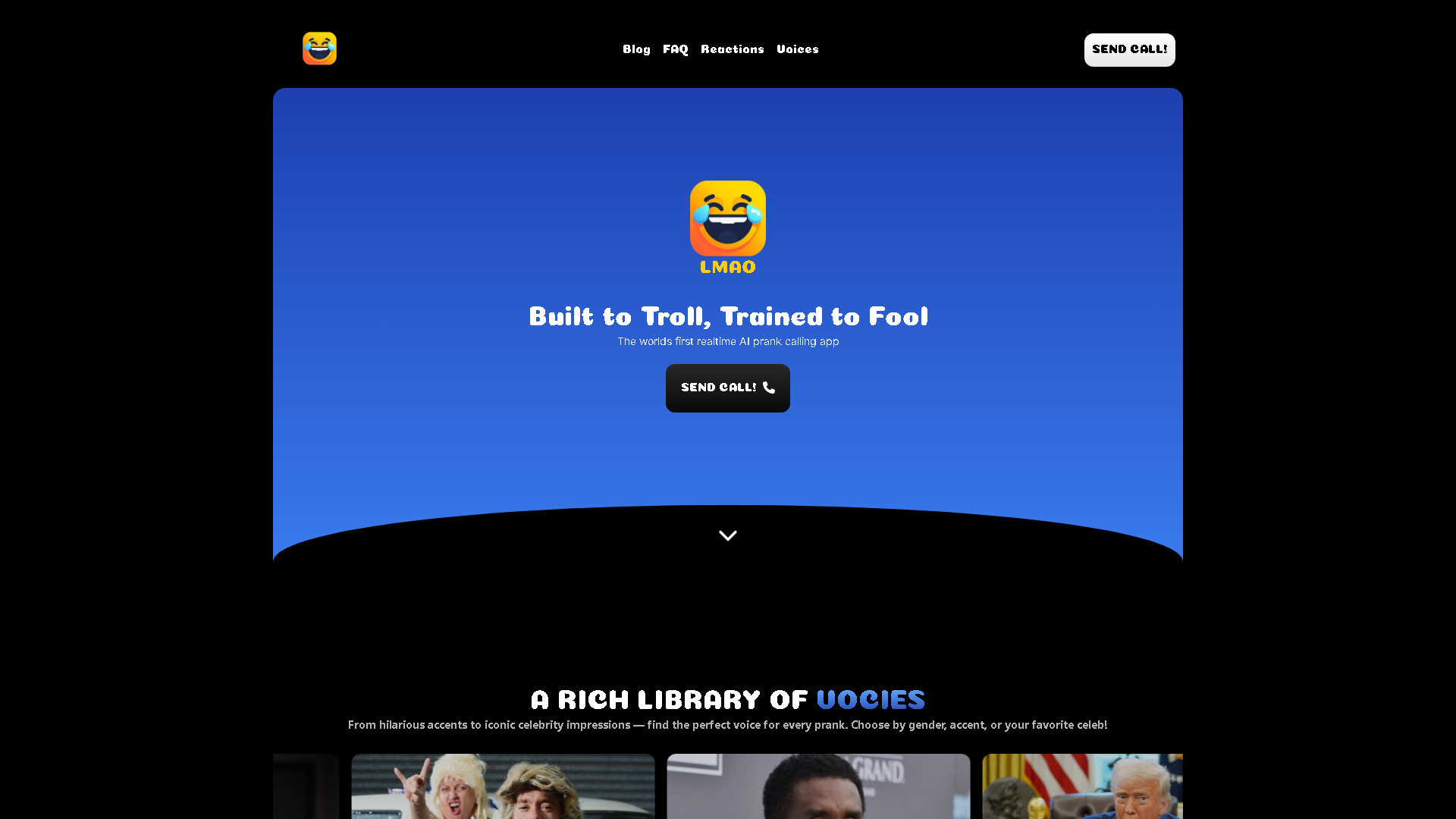LMAO - AI Prank Calling App Interface Screenshot - Voice Generation & Conversion Tool