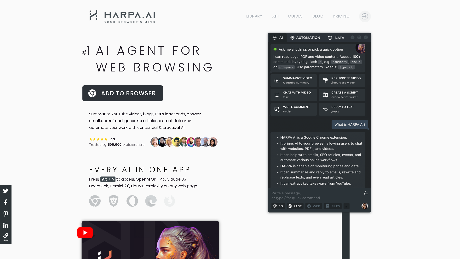 HARPA AI Interface Screenshot - Writing & Editing Tool