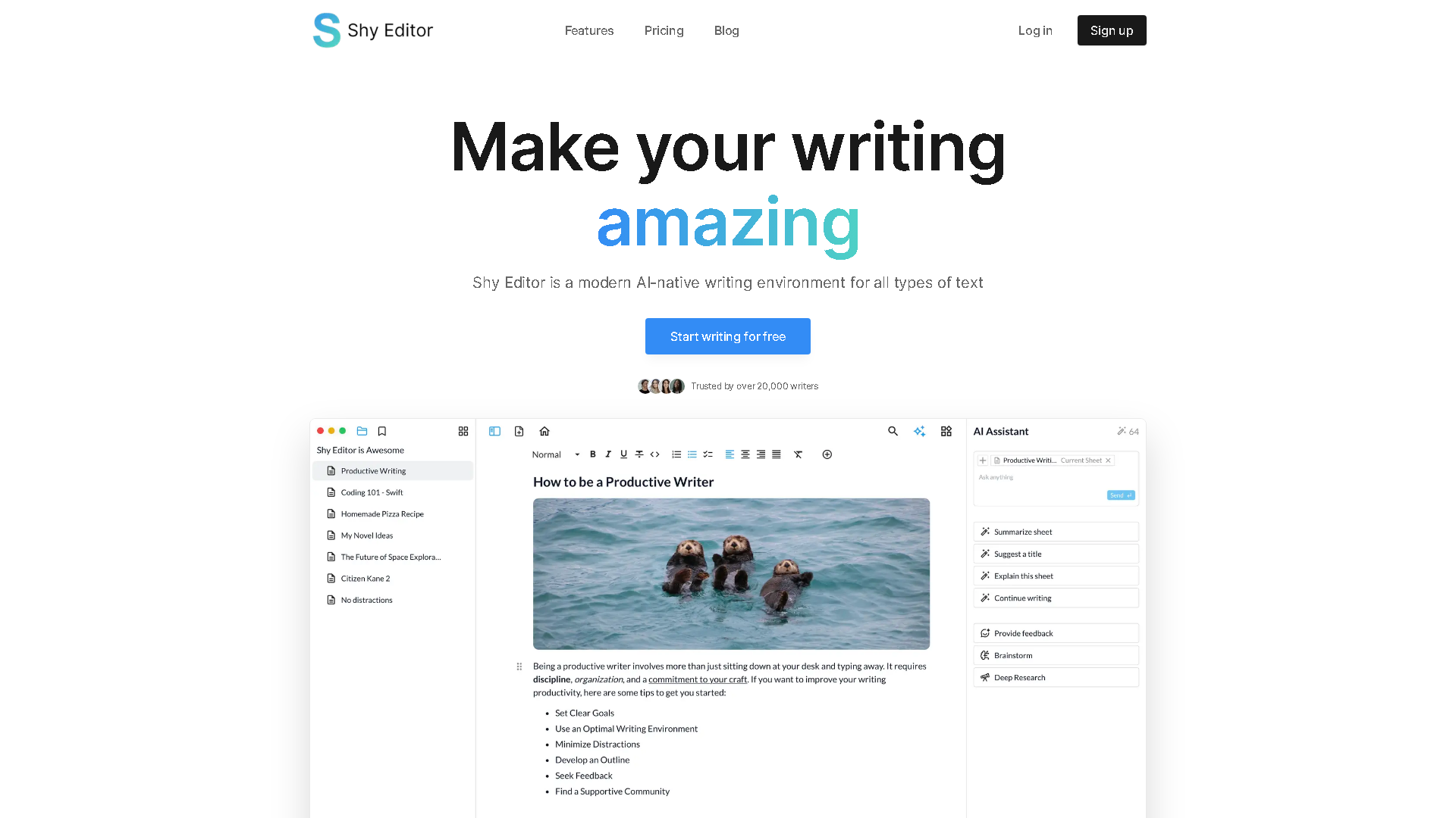 Shy Editor Interface Screenshot - Writing & Editing Tool