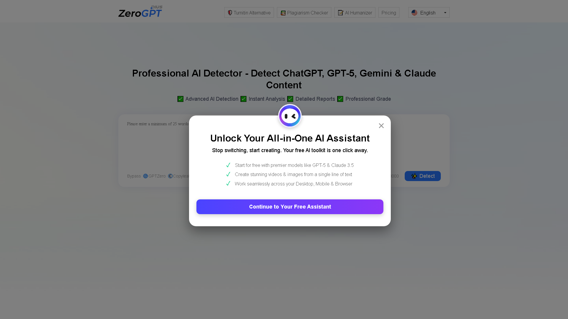 ZeroGPT Plus Interface Screenshot - AI Detection & Anti-Detection Tool