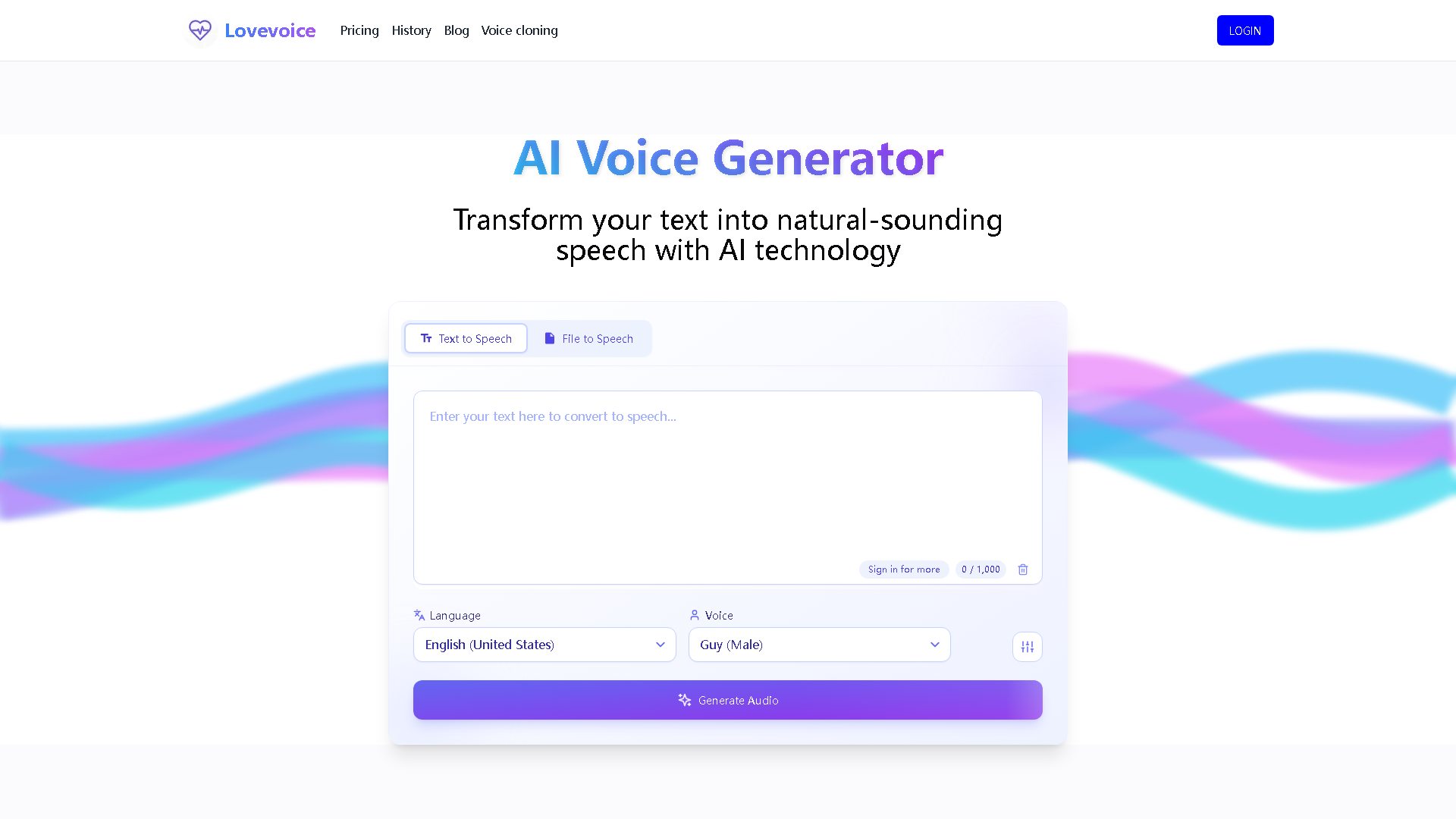 Lovevoice AI Interface Screenshot - Voice Generation & Conversion Tool