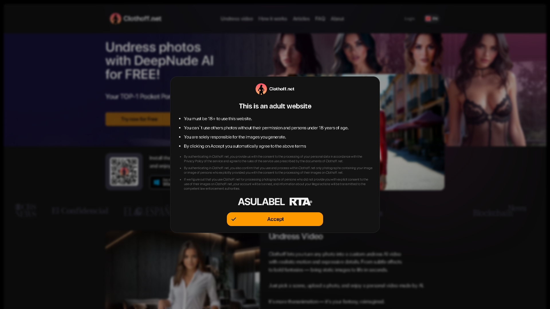 ClothOff.net Interface Screenshot - Image Generation & Editing Tool