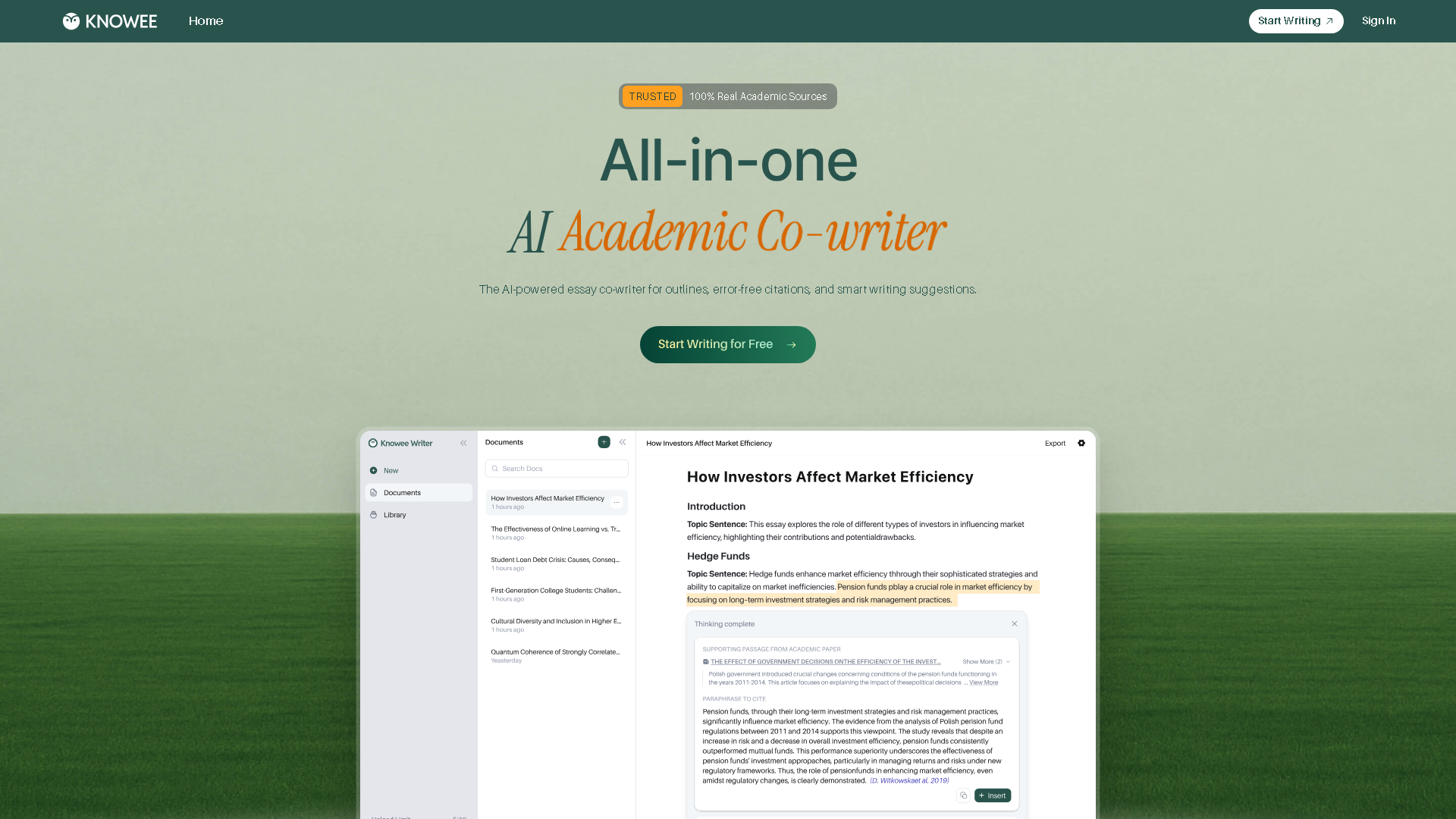 Knowee AI Interface Screenshot - Writing & Editing Tool