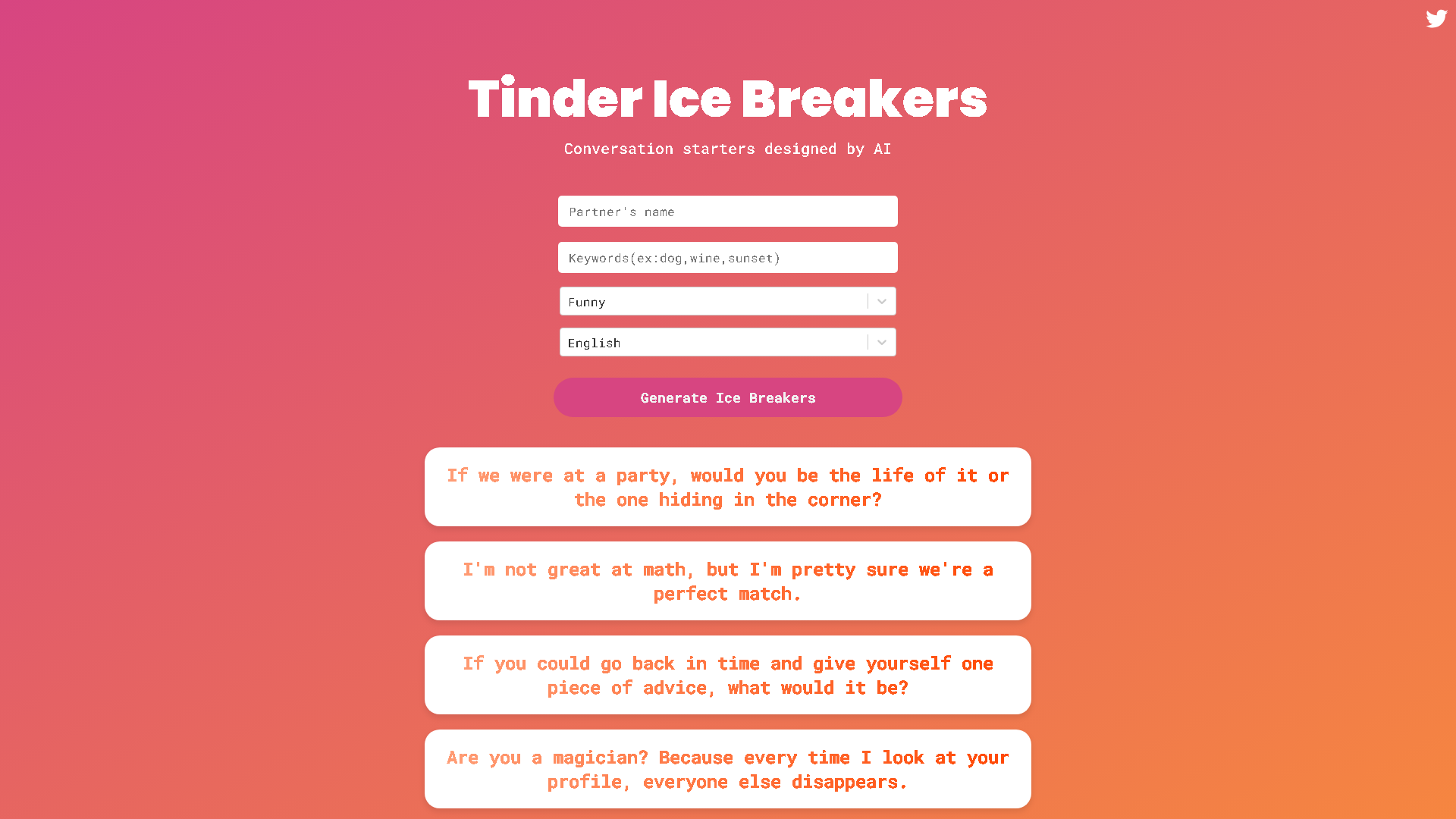 Tinder Ice Breakers AI Interface Screenshot - Social Media Tool