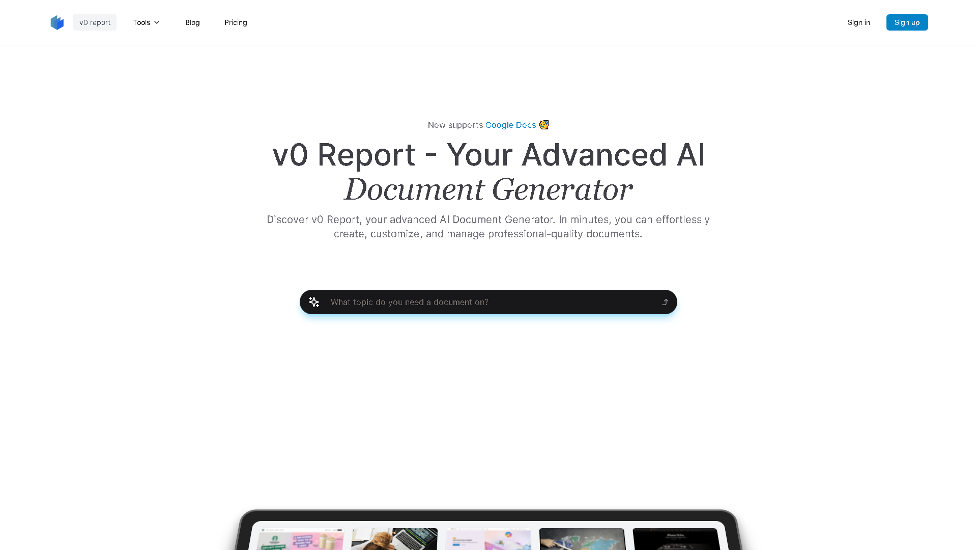 v0 Report Interface Screenshot - Writing & Editing Tool