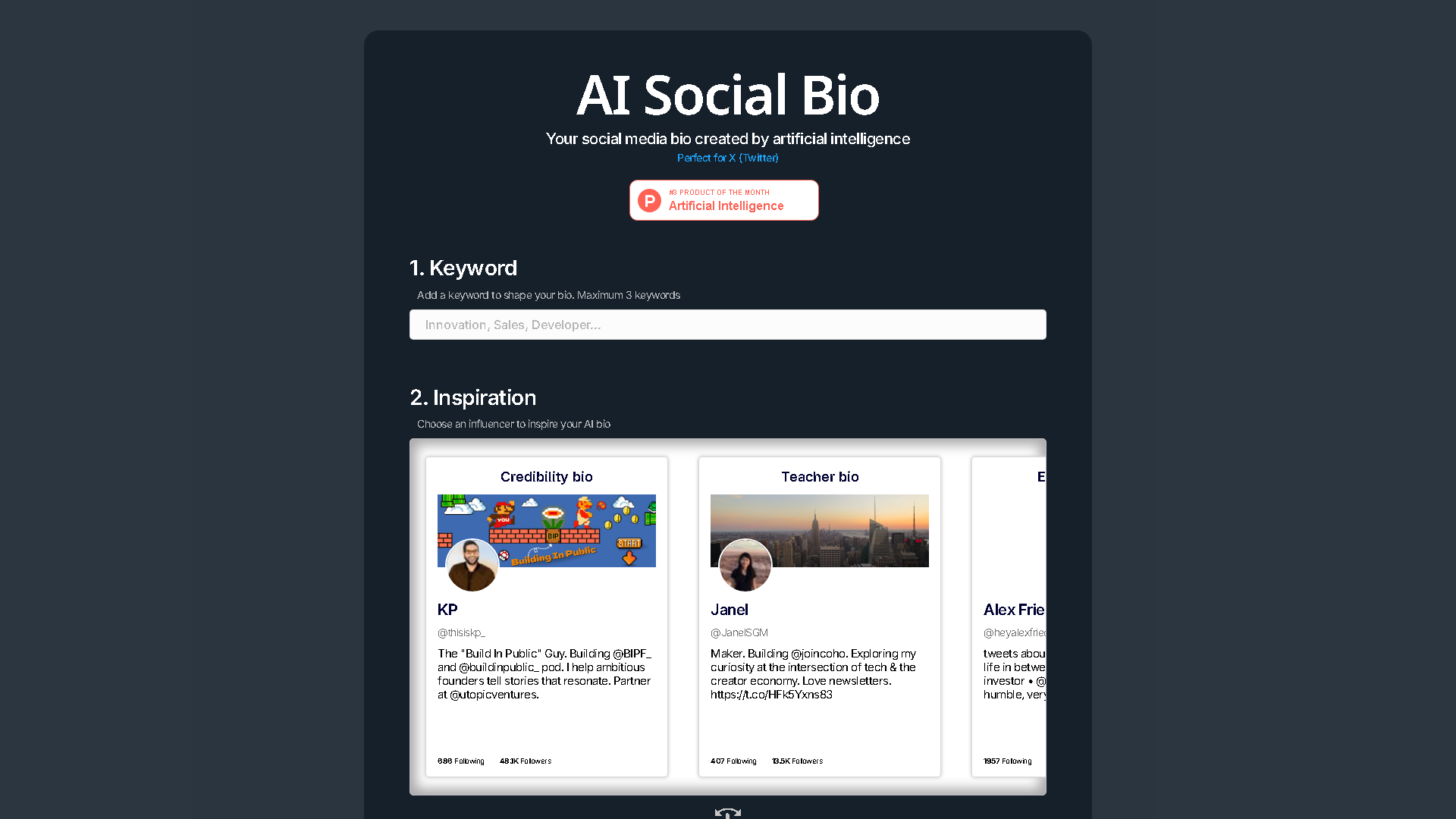 AI Social Bio Interface Screenshot - Social Media Tool