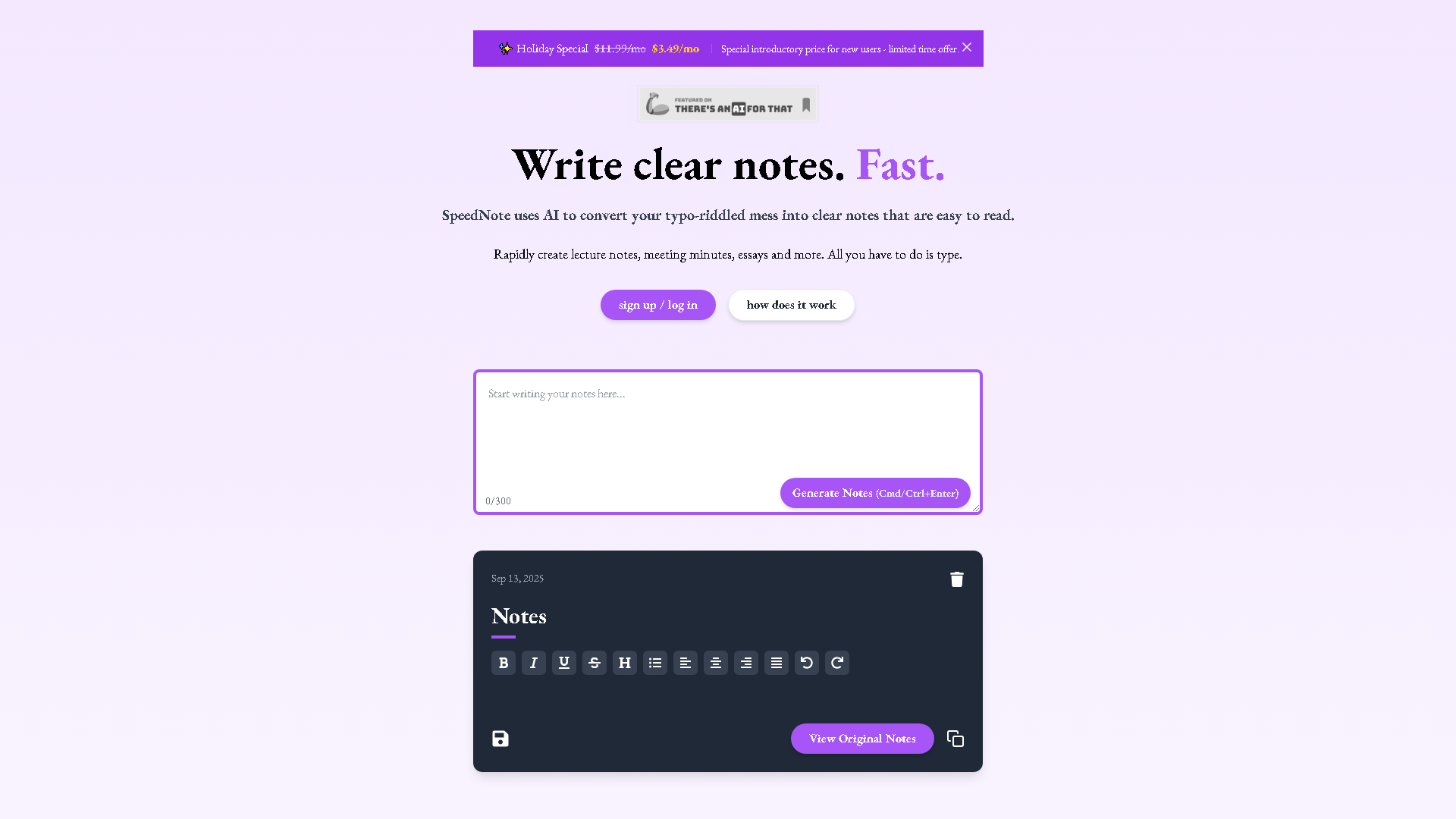 SpeedNote AI Interface Screenshot - Writing & Editing Tool