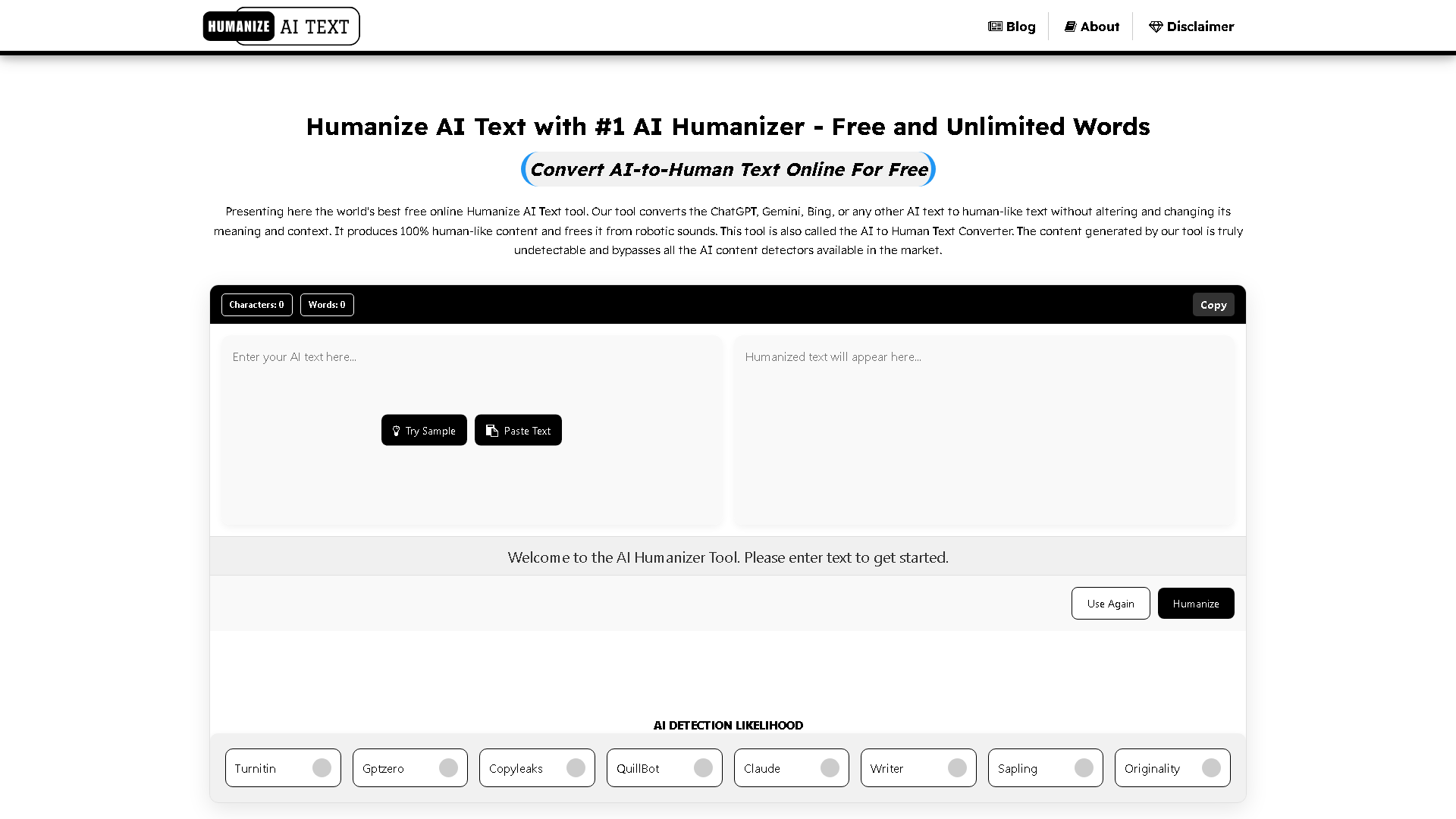 Humanize AI Text Interface Screenshot - Writing & Editing Tool