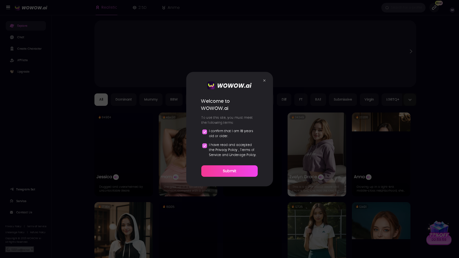 WOWOW AI Interface Screenshot - Chatbots & Virtual Companions Tool
