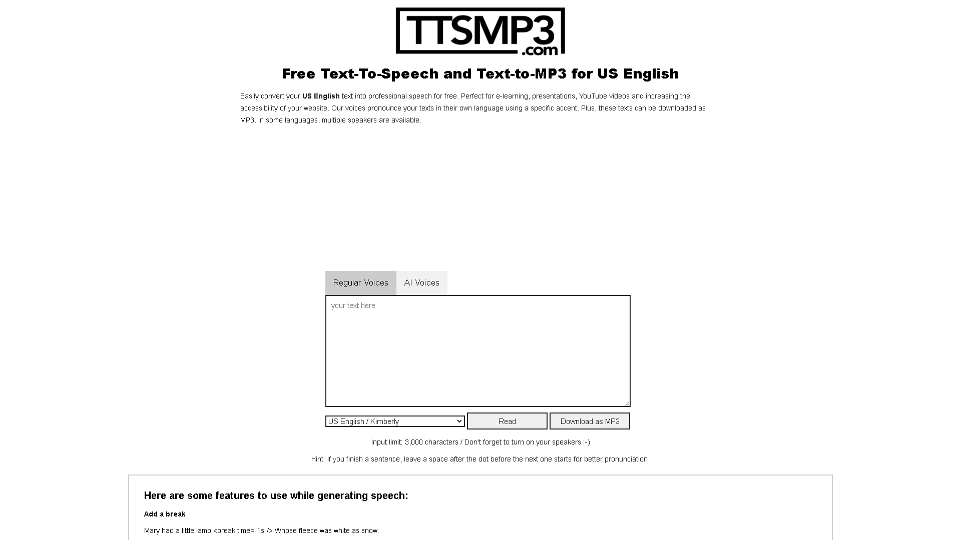 ttsMP3.com Interface Screenshot - Voice Generation & Conversion Tool