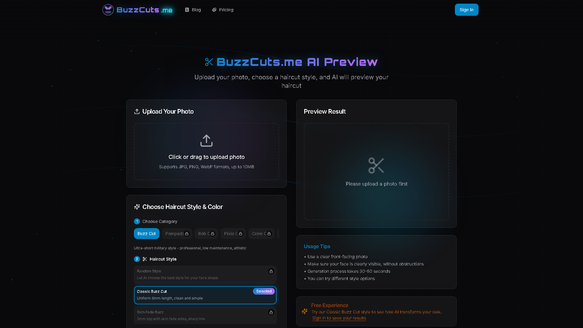 buzzcuts.me free forever hair style generator Interface Screenshot - Art & Creative Design Tool