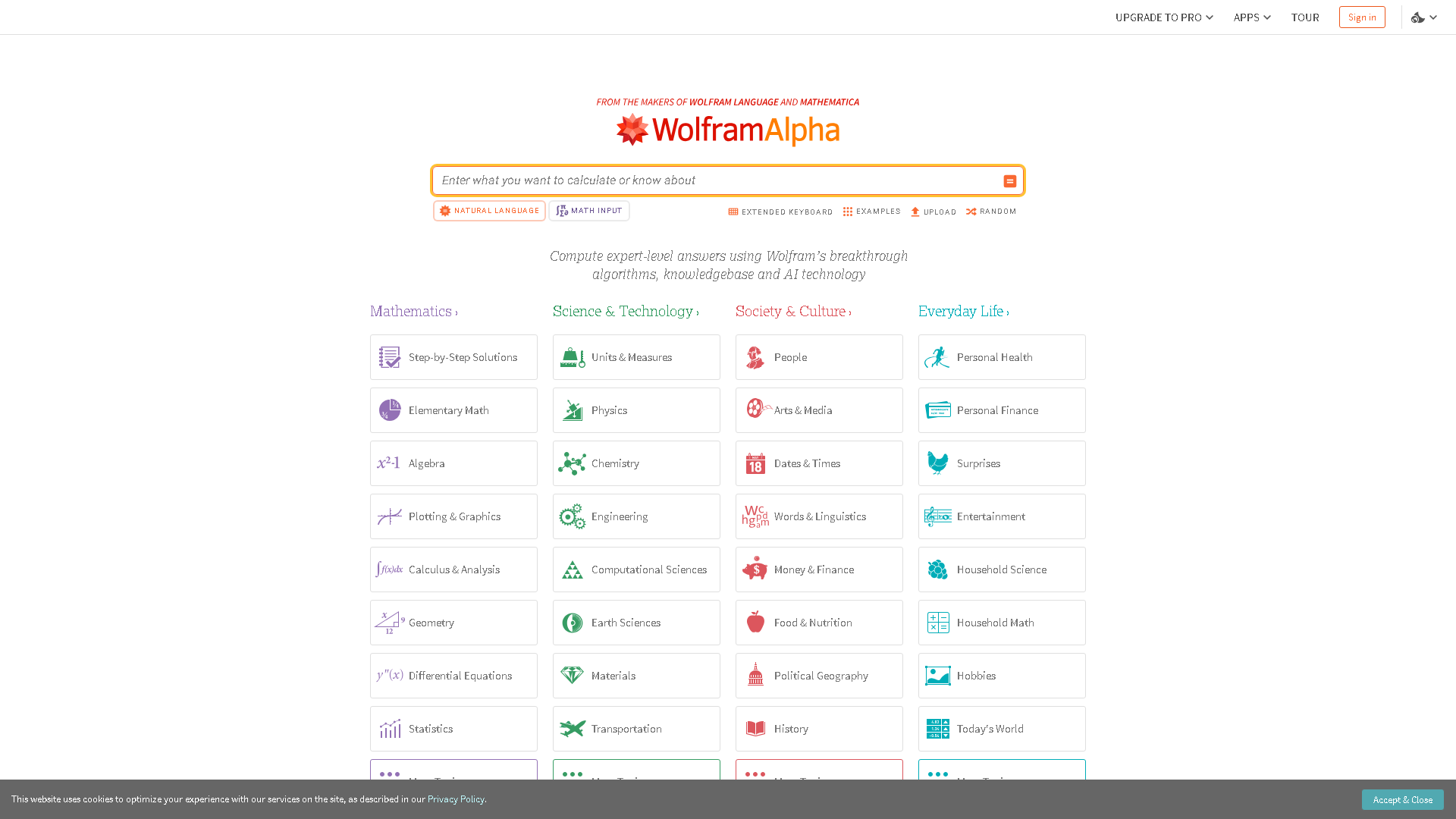 Wolfram|Alpha Interface Screenshot - Education & Translation Tool