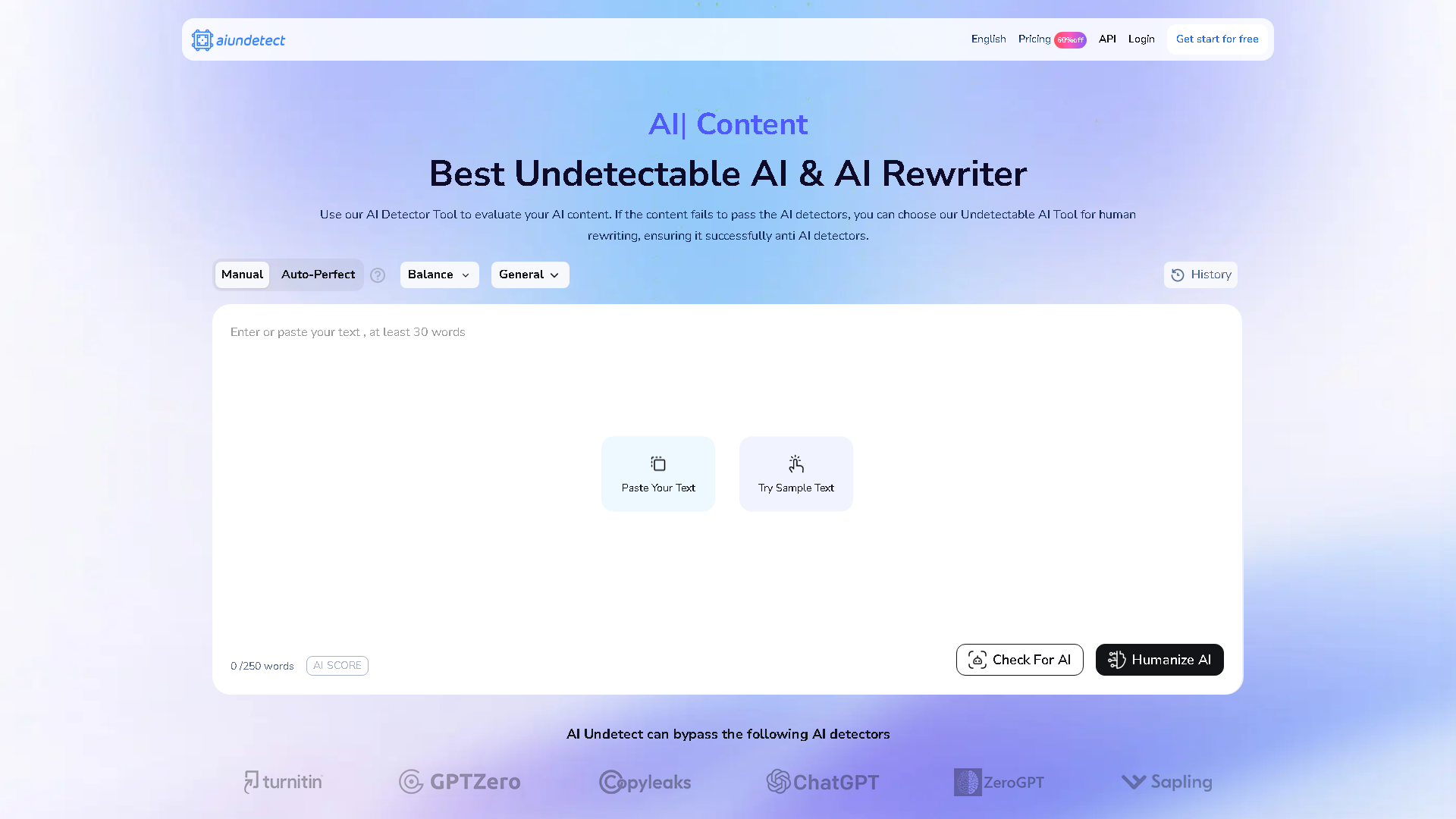 AI Undetect Interface Screenshot - Writing & Editing Tool