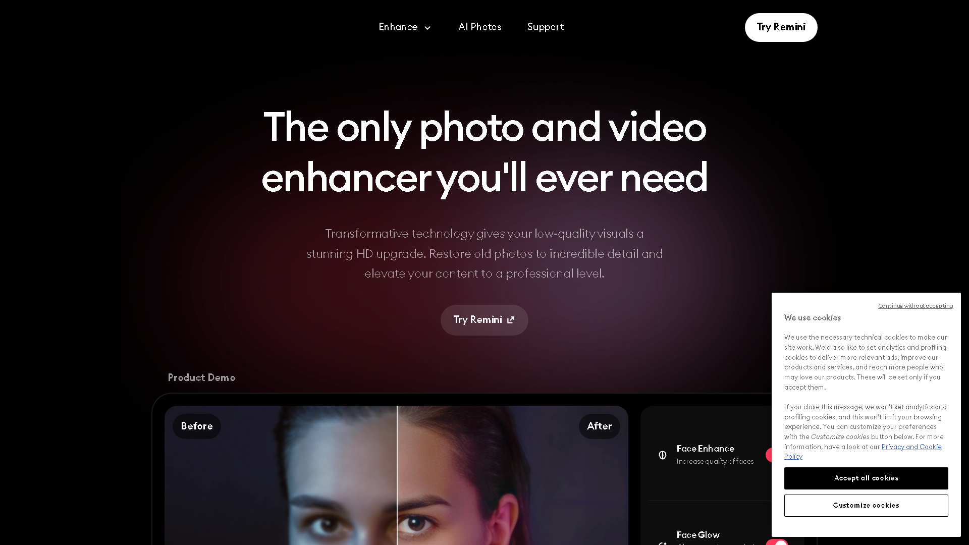 Remini Interface Screenshot - Image Generation & Editing Tool