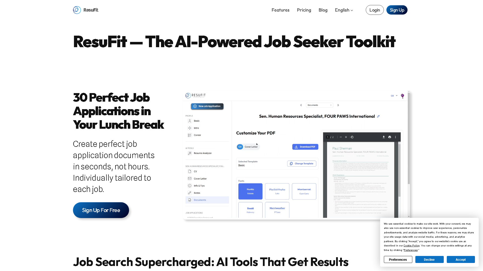 ResuFit Interface Screenshot - Writing & Editing Tool