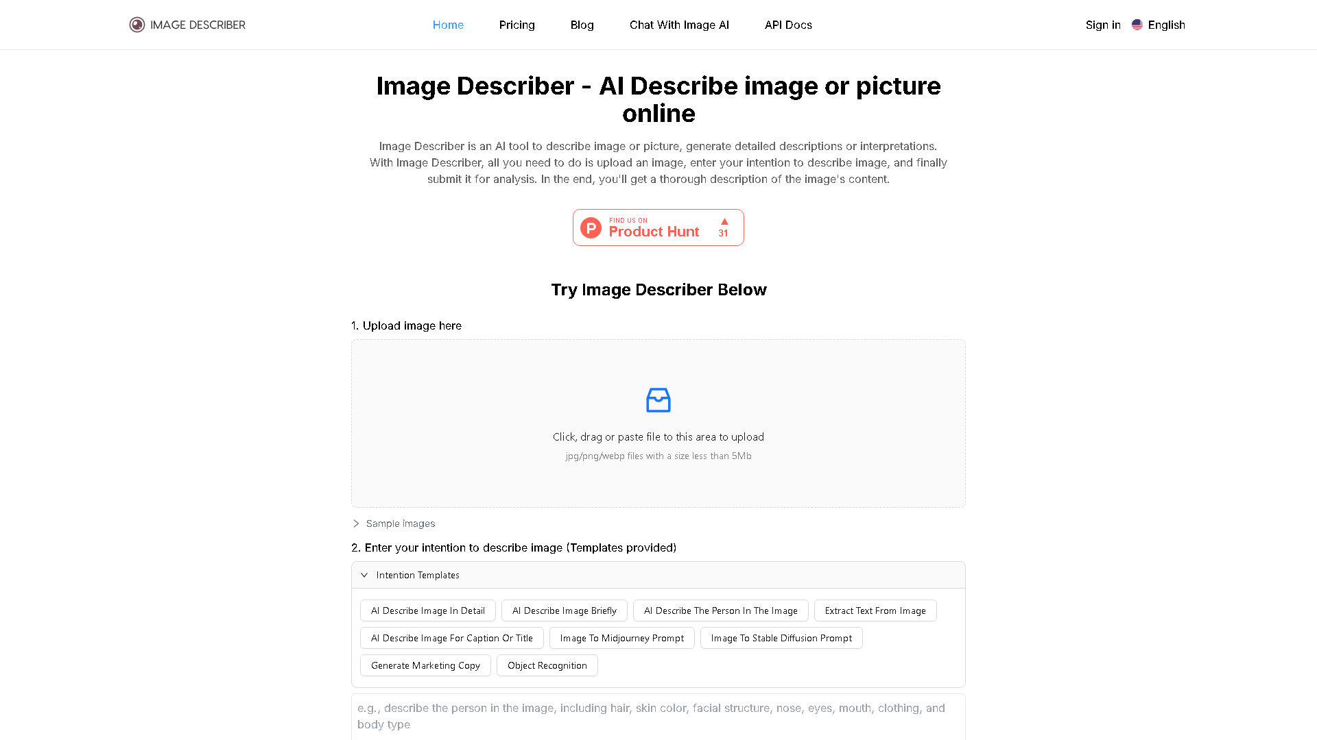 Image Describer Interface Screenshot - Writing & Editing Tool