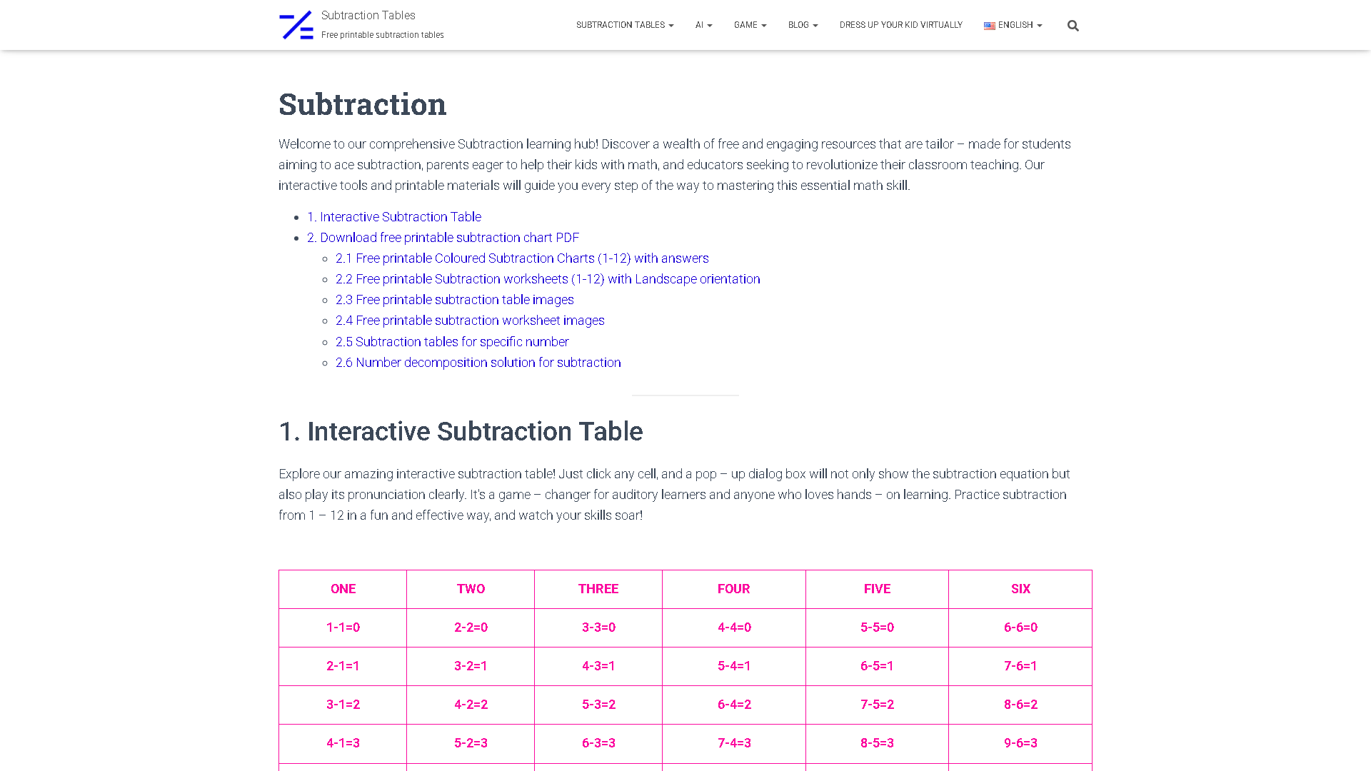 Subtraction Tables Interface Screenshot - Education & Learning Tool