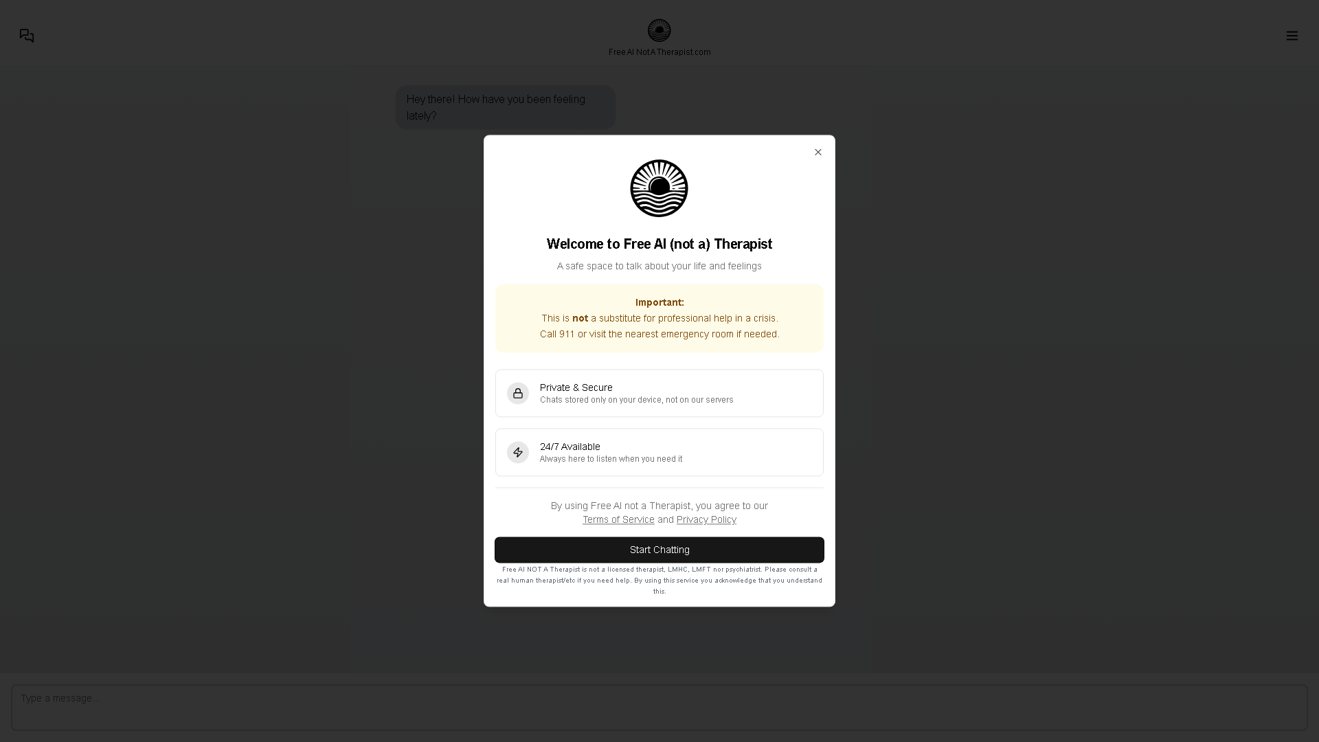 Free AI (not a) Therapist Interface Screenshot - Health & Wellness Tool