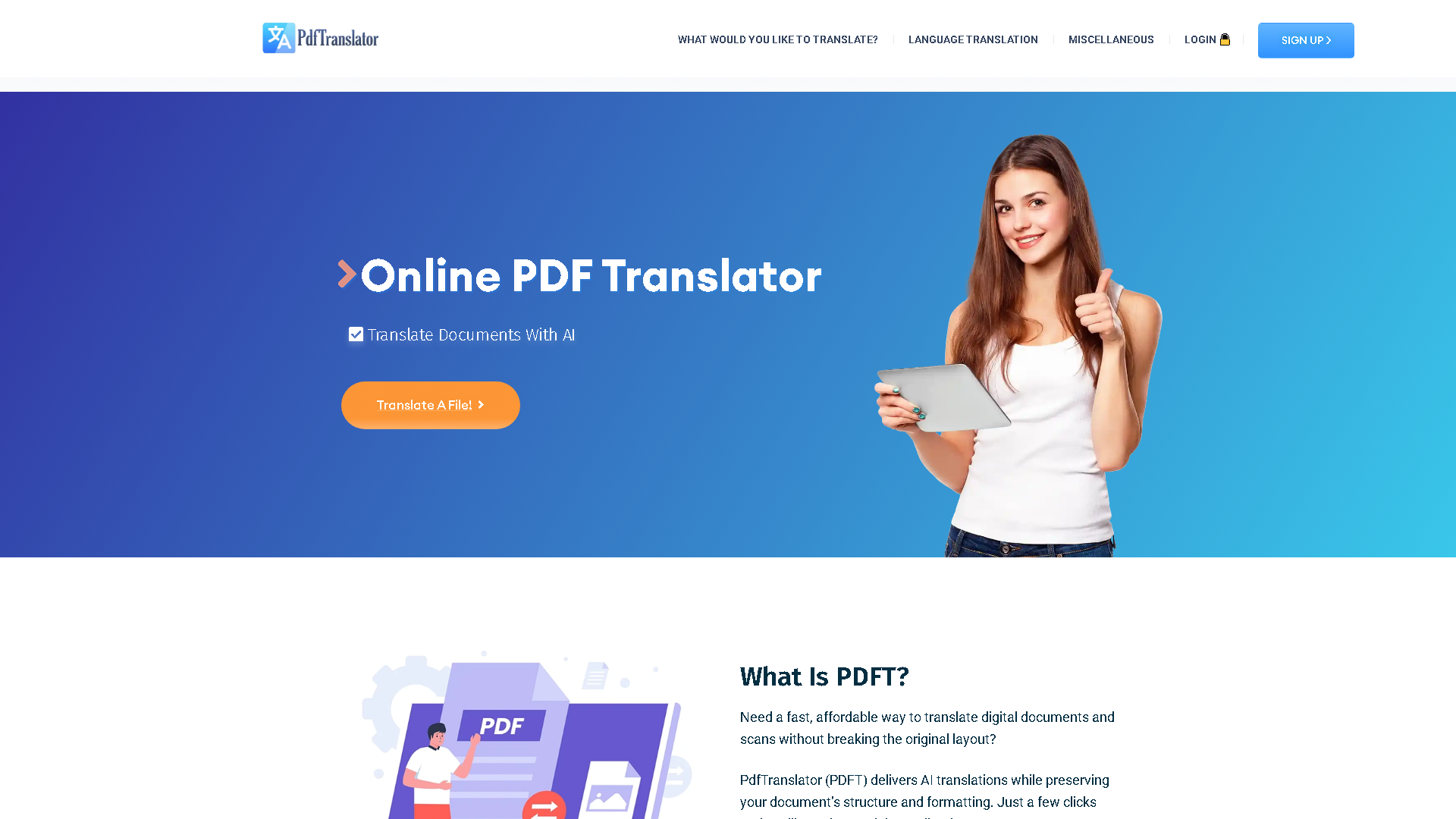 PDFT.AI: Online PDF Translator Interface Screenshot - Education & Translation Tool