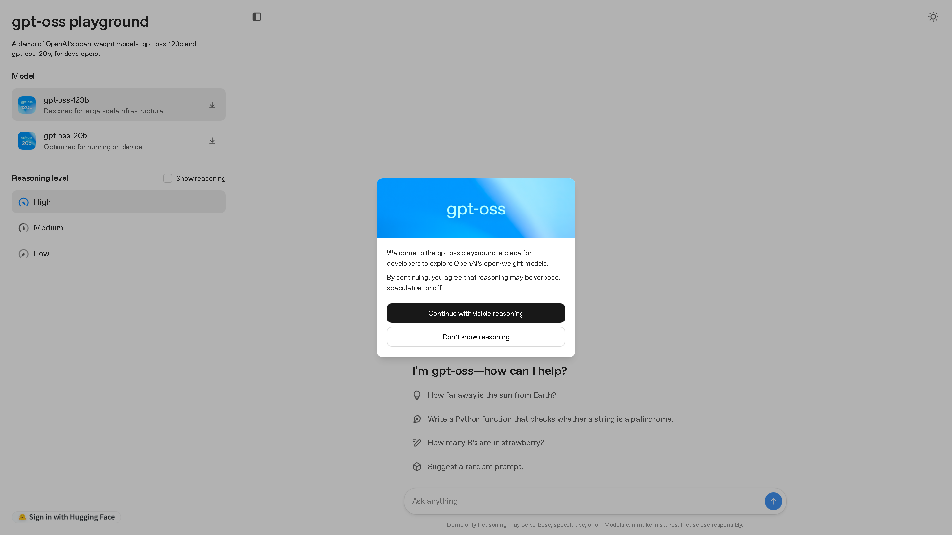 gpt-oss playground Interface Screenshot - Coding & Development Tool