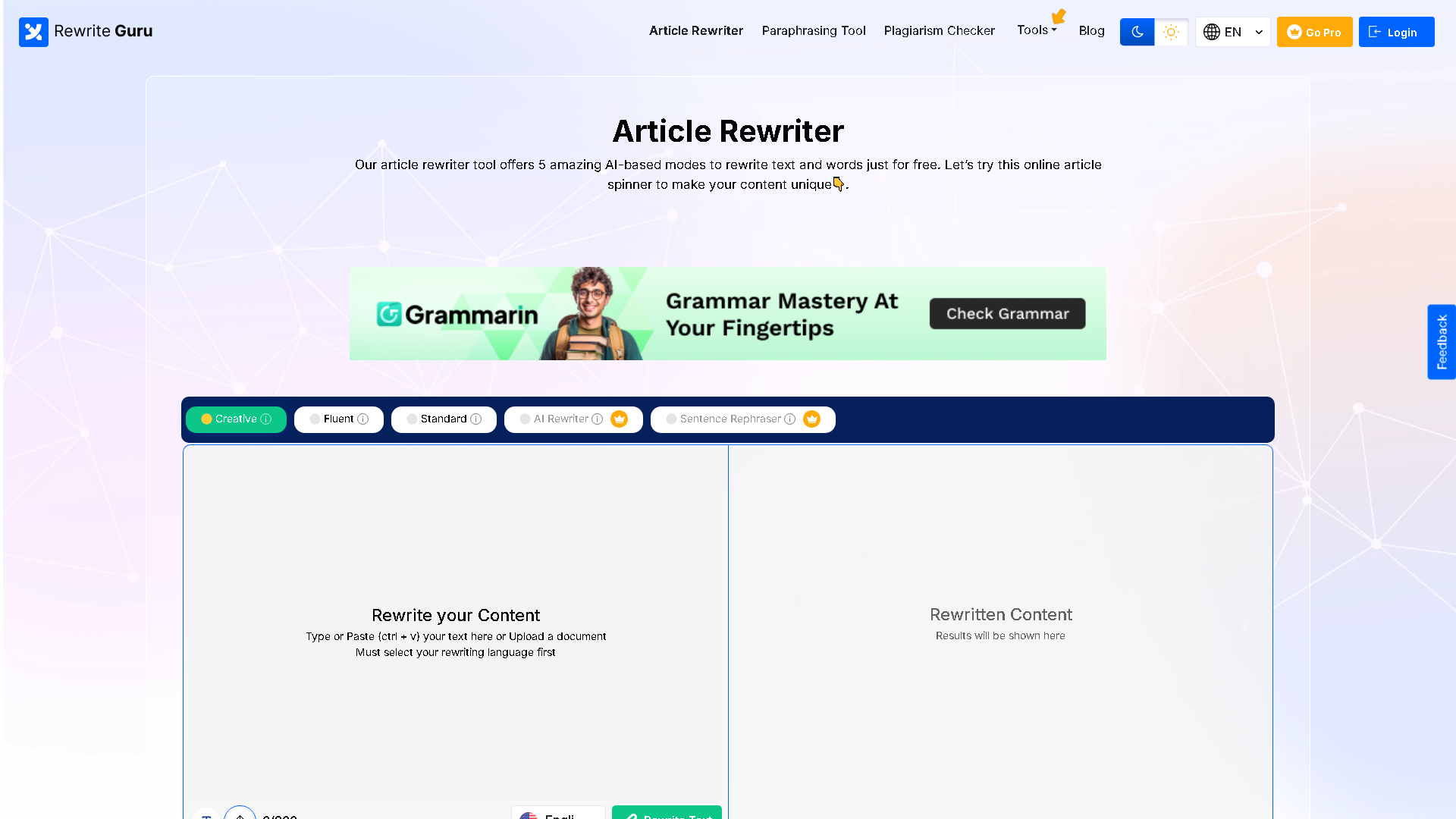 RewriteGuru Interface Screenshot - Writing & Editing Tool