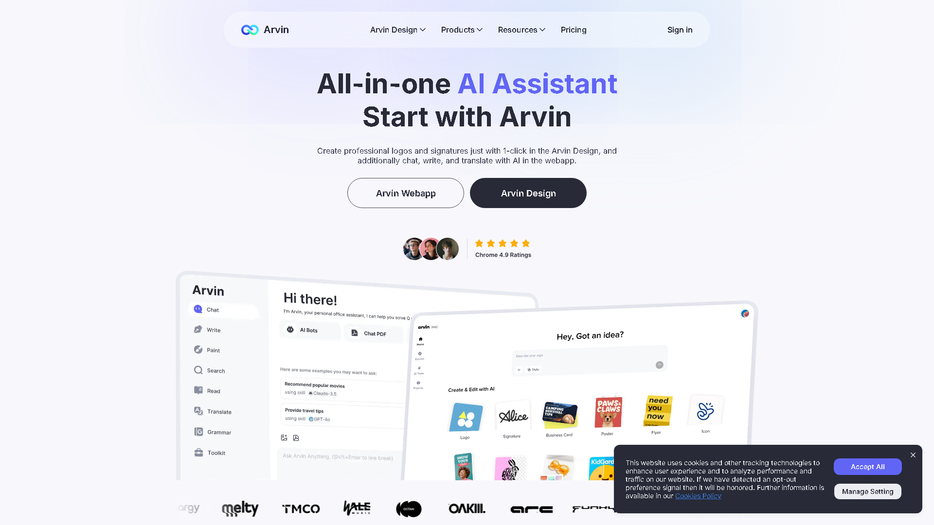 Arvin AI Interface Screenshot - Writing & Editing Tool