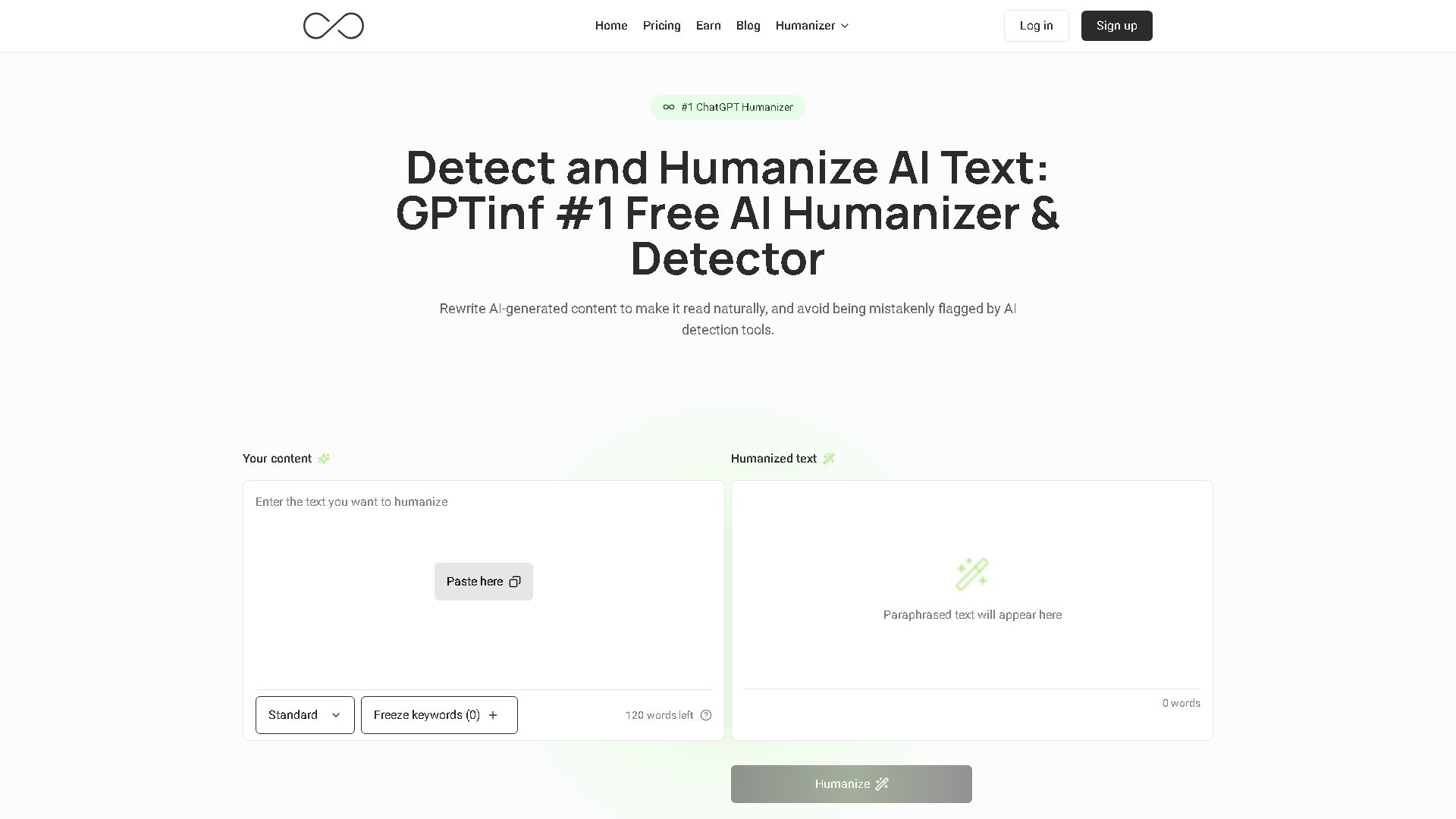 GPTinf Interface Screenshot - Writing & Editing Tool