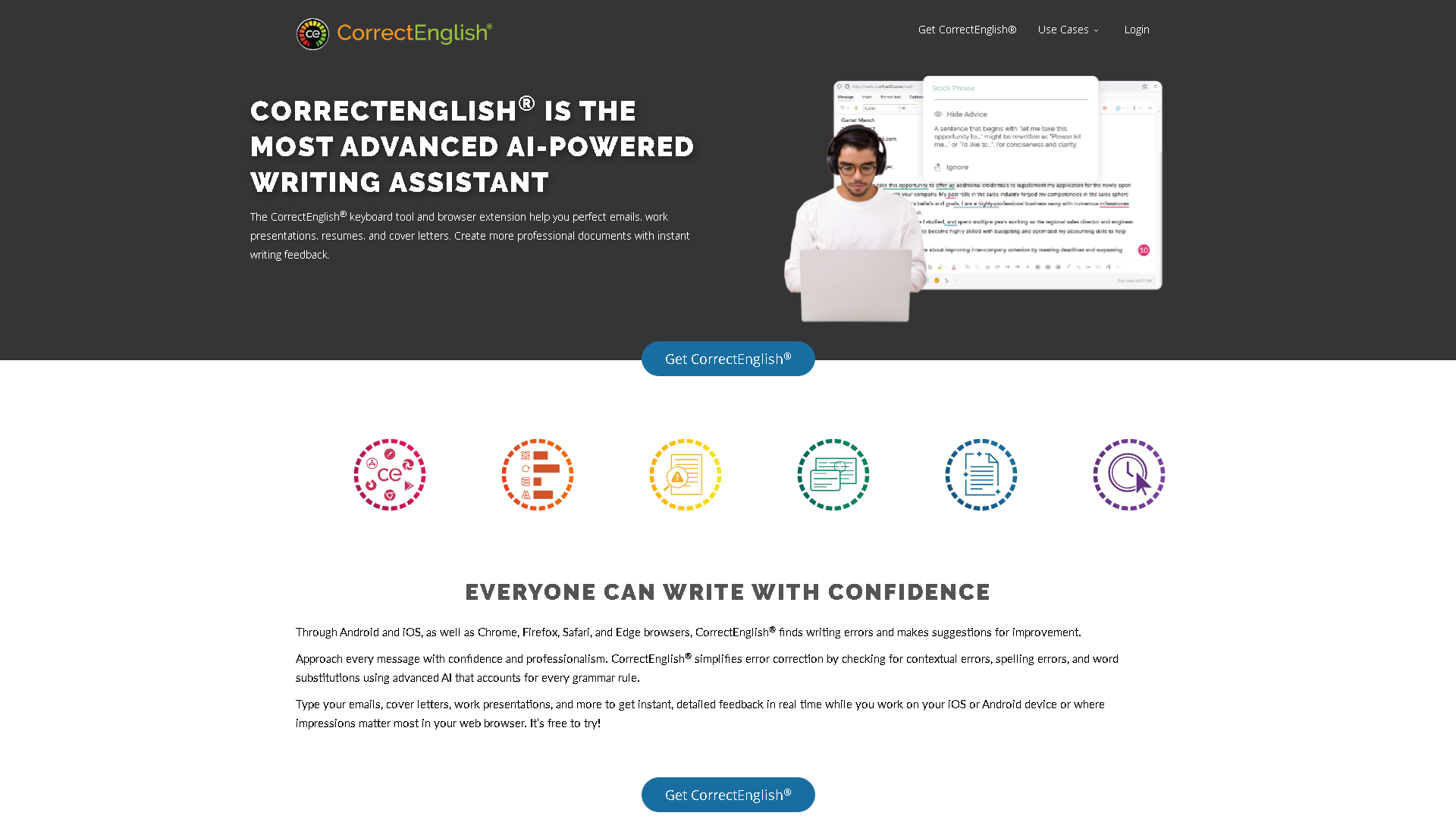 CorrectEnglish Interface Screenshot - Writing & Editing Tool