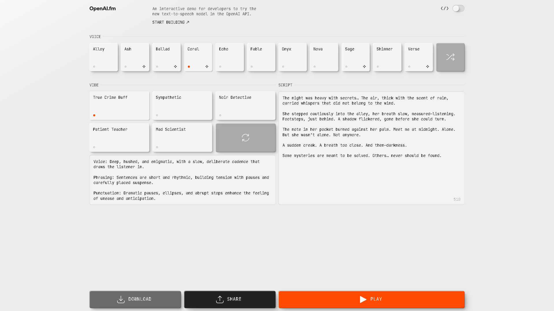 OpenAI.fm Interface Screenshot - Voice Generation & Conversion Tool
