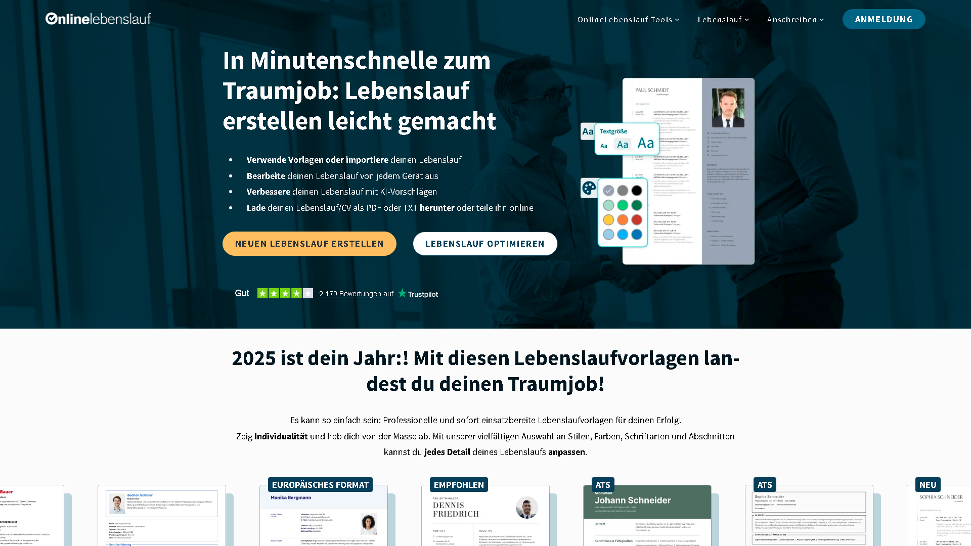 OnlineLebenslauf Interface Screenshot - Writing & Editing Tool