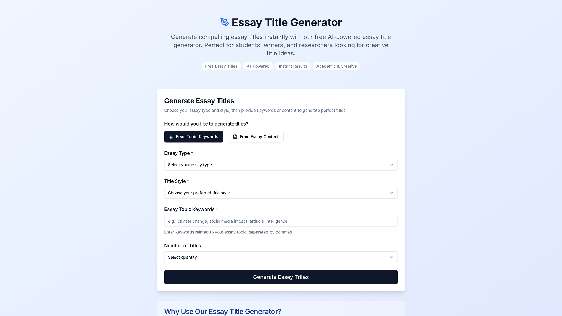 Essay Title Generator Interface Screenshot - Writing & Editing Tool